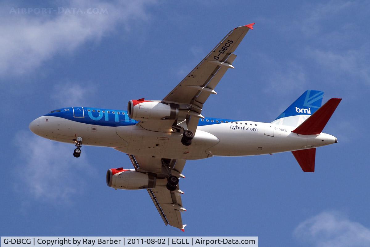 G-DBCG, 2005 Airbus A319-131 C/N 2694, Airbus A319-131 [2694] (bmi British Midland) Home~G 02/08/2011. On approach 27R now with flybmi.com titles on the fuselage.