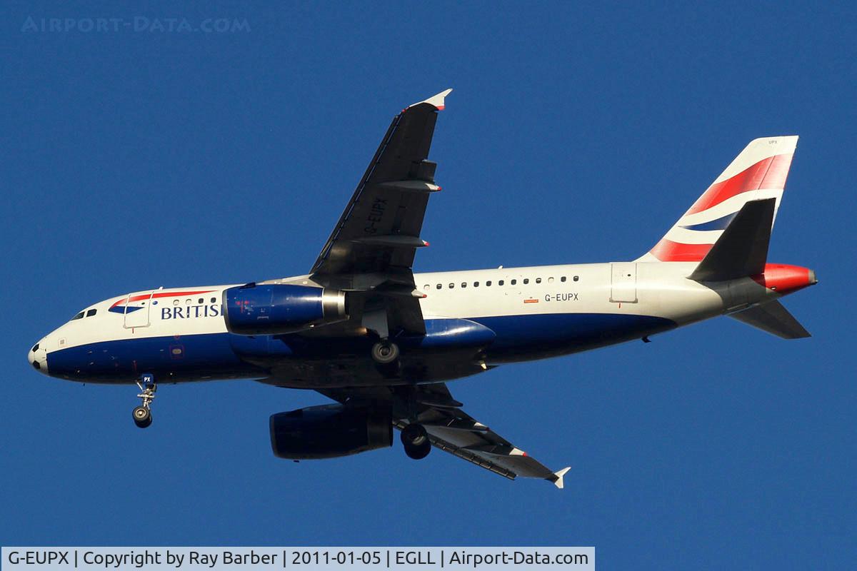 G-EUPX, 2001 Airbus A319-131 C/N 1445, Airbus A319-131 [1142] (British Airways) Home~G 05/01/2011. On approach 27R now with design below cockpit removed but still with soccer nose.