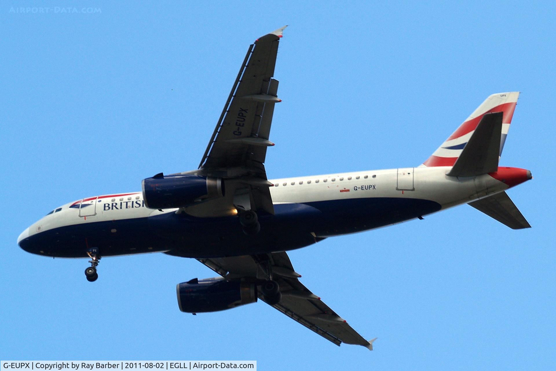G-EUPX, 2001 Airbus A319-131 C/N 1445, Airbus A319-131 [1142] (British Airways) Home~G 02/08/2011. On approach 27R. All artwork removed.