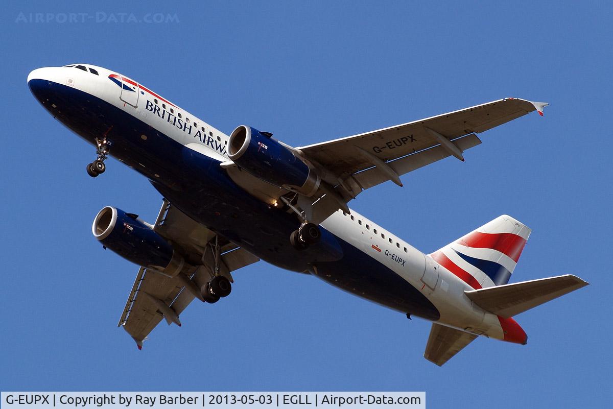 G-EUPX, 2001 Airbus A319-131 C/N 1445, Airbus A319-131 [1142] (British Airways) Home~G 03/05/2013. On approach 27R with white design added to engine covers