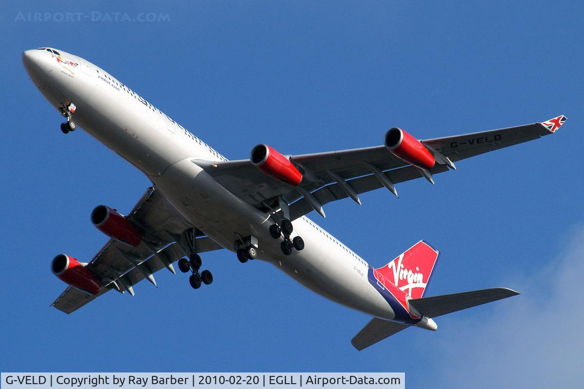 G-VELD, 1998 Airbus A340-313X C/N 214, Airbus A340-313X [214] (Virgin Atlantic) Home~G 20/02/2010. On approach 27R. Old scheme.
