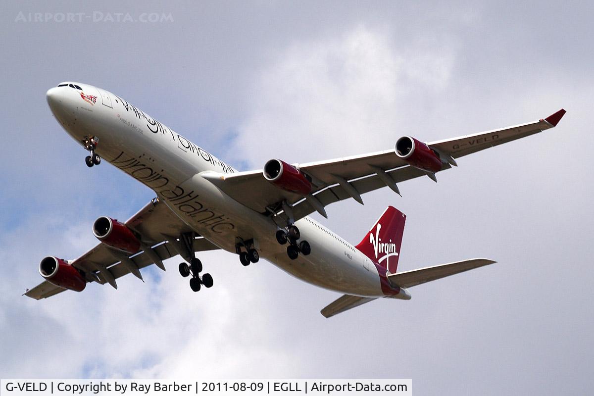 G-VELD, 1998 Airbus A340-313X C/N 214, Airbus A340-313X [214] (Virgin Atlantic) Home~G 09/08/2011. On approach 27R.