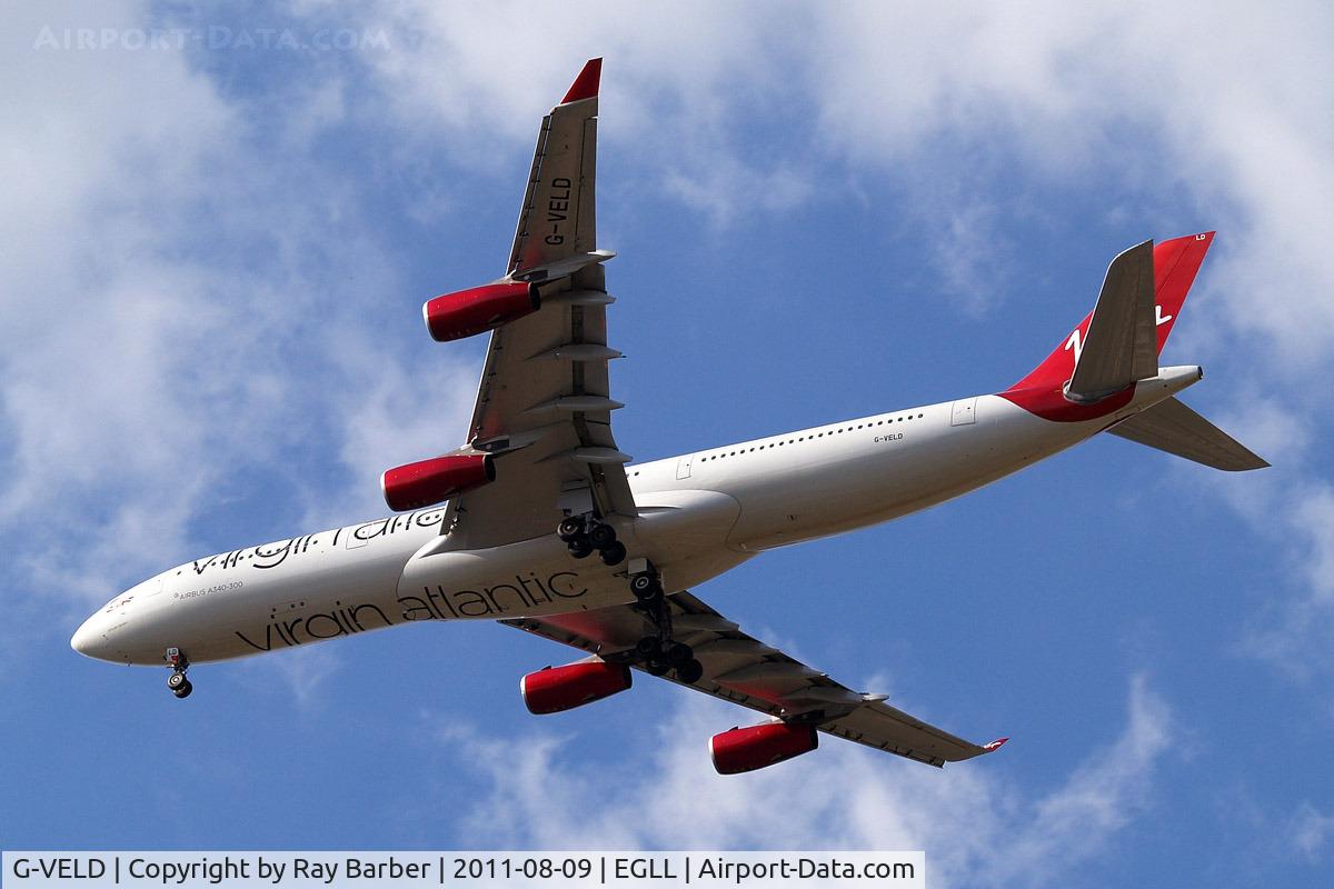 G-VELD, 1998 Airbus A340-313X C/N 214, Airbus A340-313X [214] (Virgin Atlantic) Home~G 09/08/2011. On approach 27R.