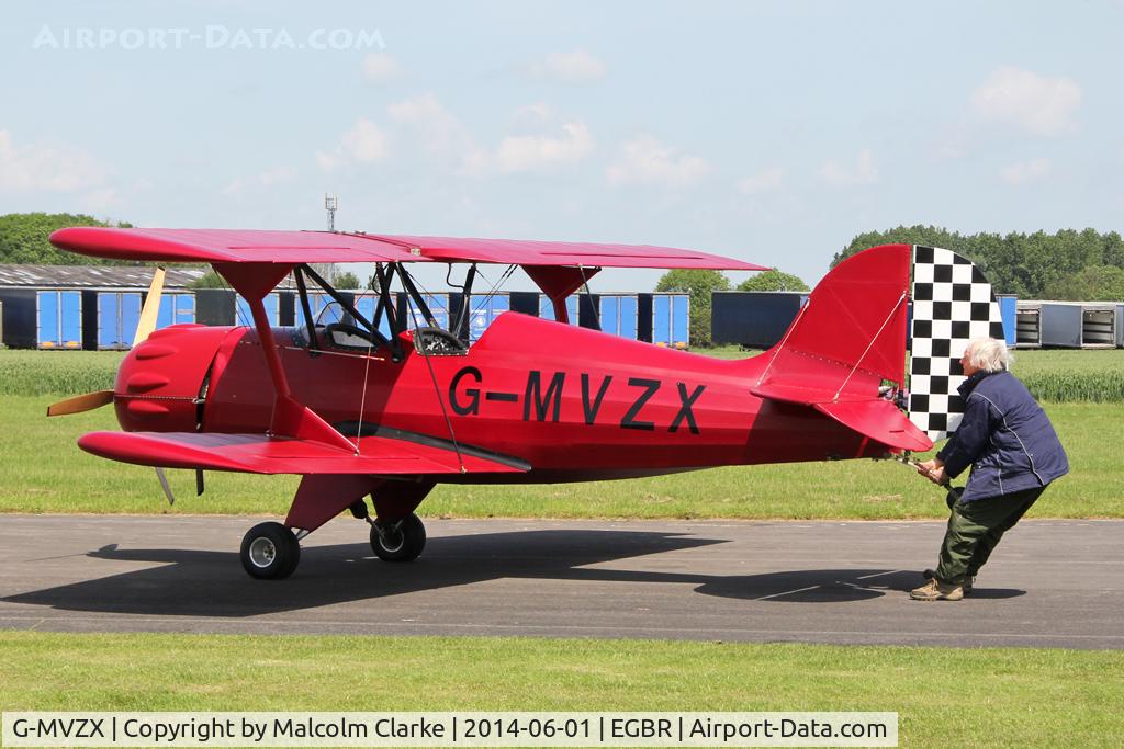 G-MVZX, 1990 Murphy Renegade Spirit UK C/N PFA 188-11590, Man powered parking! Murphy Renegade Spirit UK at The Real Aeroplane Club's Biplane and Open Cockpit Fly-In, Breighton Airfield UK, June 1st 2014.
