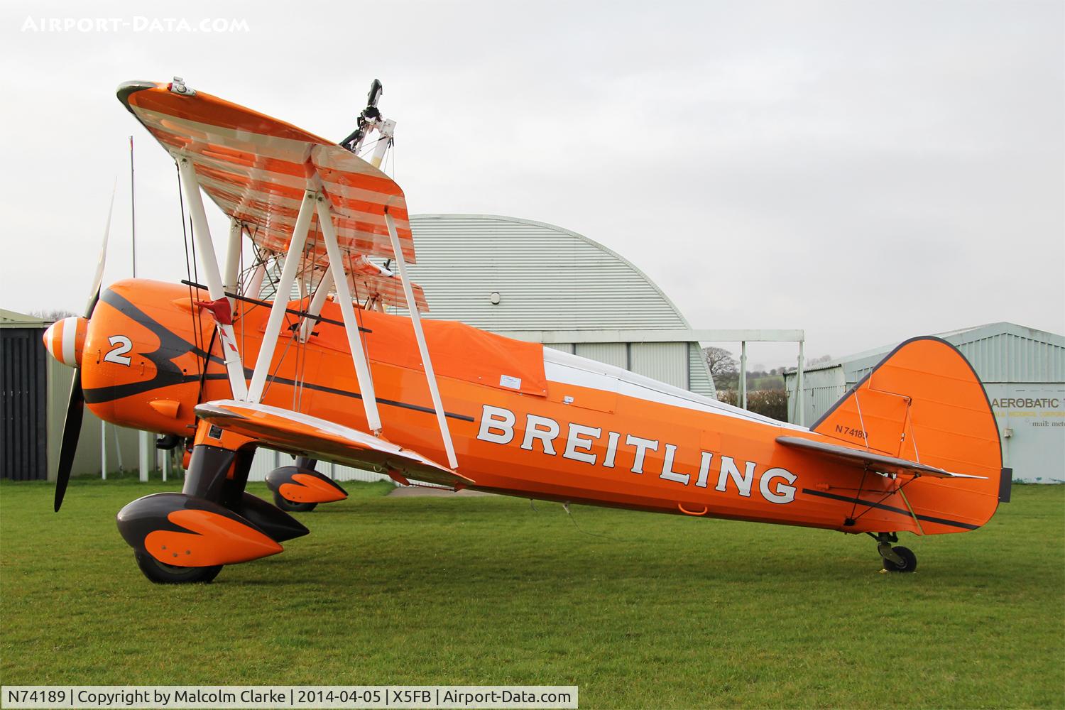N74189, 1941 Boeing PT-17/R985 Kaydet (A75N1) C/N 75-717, Boeing PT-17 overnighting at Fishburn Airfield prior to a first UK performance in 2014 at Littlehaven's Promenade & Seawall opening celebrations, South Shields. April 5th 2014.