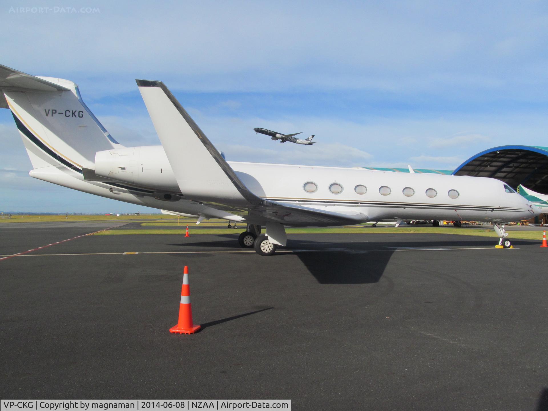 VP-CKG, 2011 Gulfstream Aerospace GV-SP (G550) C/N 5327, at  AKL briefly