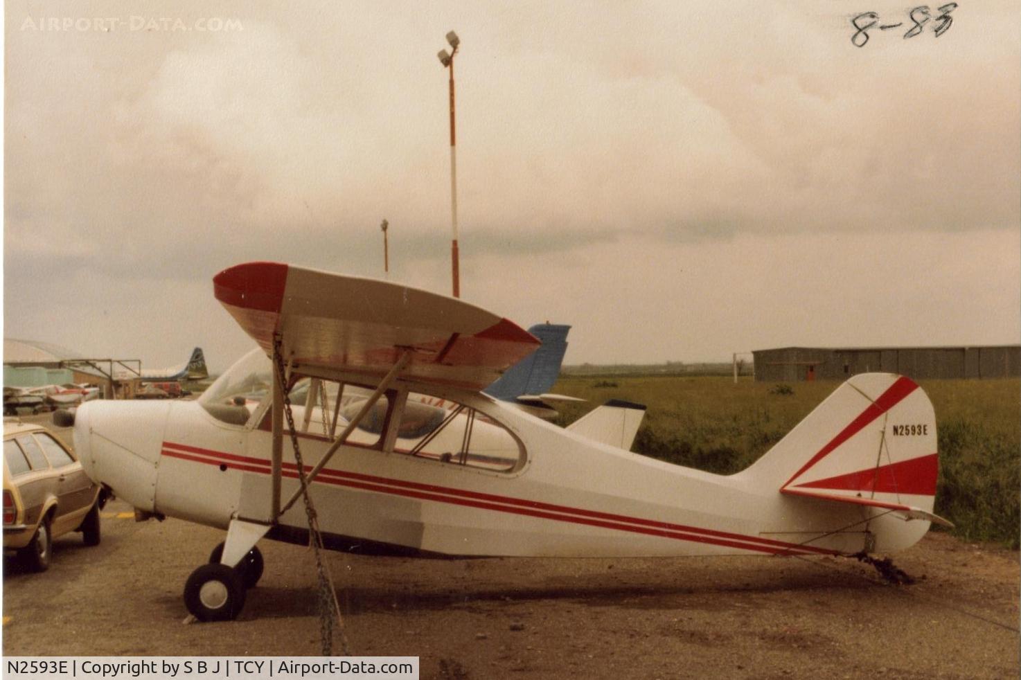 N2593E, 1946 Aeronca 7AC Champion C/N 7AC-6175, 93E after I purchased it in march of 83. This is at the Tracy airport in calif.