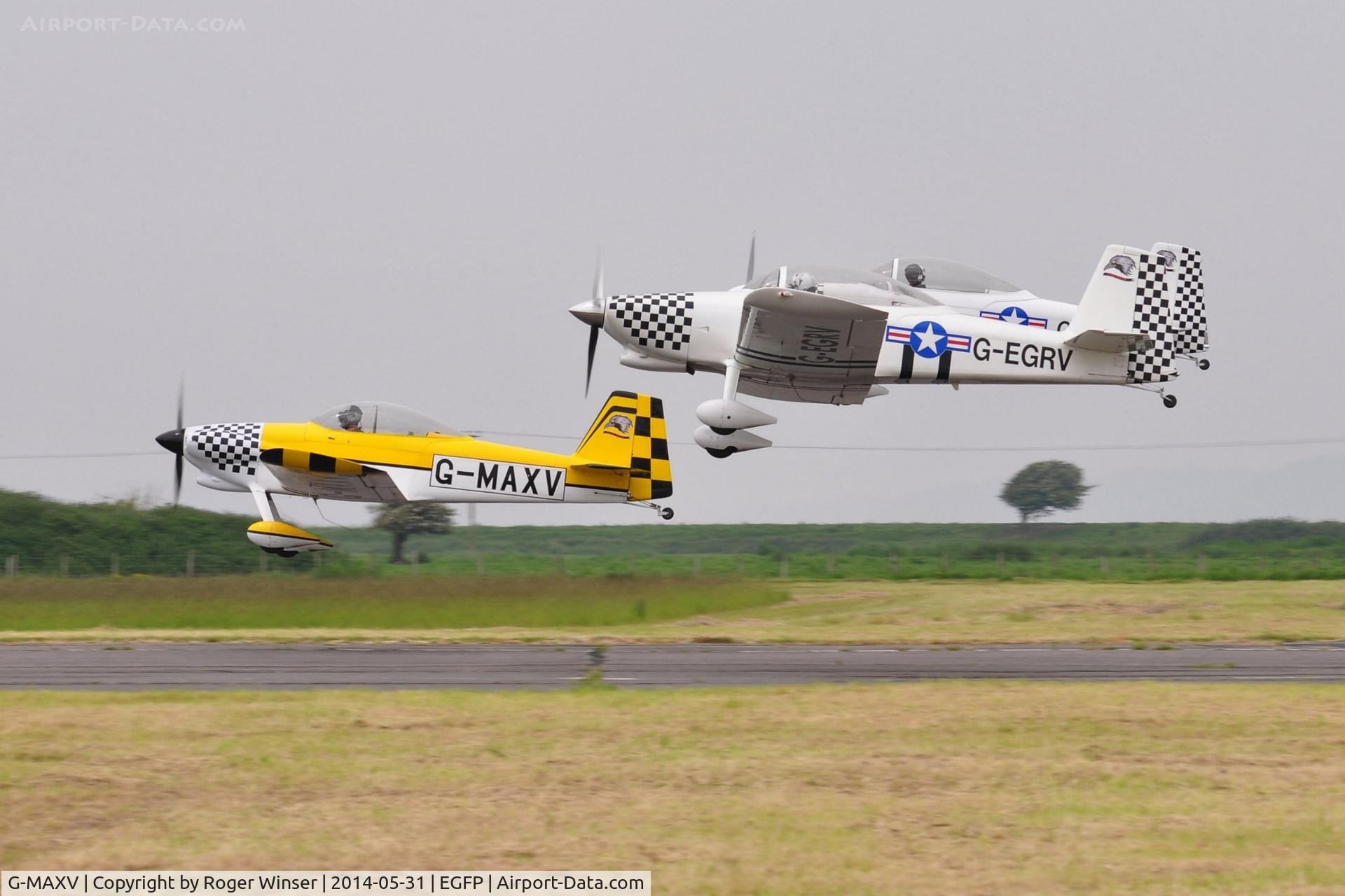 G-MAXV, 2000 Vans RV-4 C/N PFA 181-13266, Raven 1 of the recently formed Team Raven formation aerobatic display team leading Vans RV-8's G-EGRV (Raven 3) and G-VFDS (Raven 2) in a formation take-off. Raven 4 and Raven 5 are out of shot.