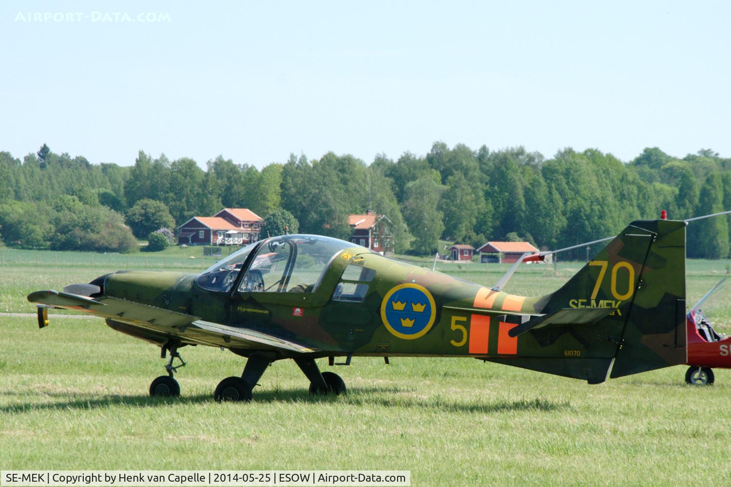 SE-MEK, 1972 Scottish Aviation Bulldog Series 100 Model 101 C/N BH100/188, Scottish Aviation Bulldog of the Flygvapenmuseum parked at Västerås Hässlö airport, Sweden. Previously of the Swedish Air Force it is now used by the Malmens Veteranflygklubb.