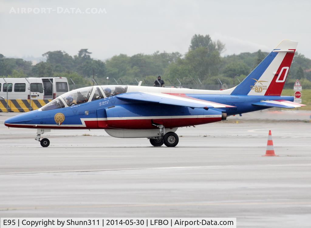 E95, Dassault-Dornier Alpha Jet E C/N E95, Taxiing to the General Aviation area... Participant of the Muret AirExpo Airshow 2014... Additional 80th anniversary patch...