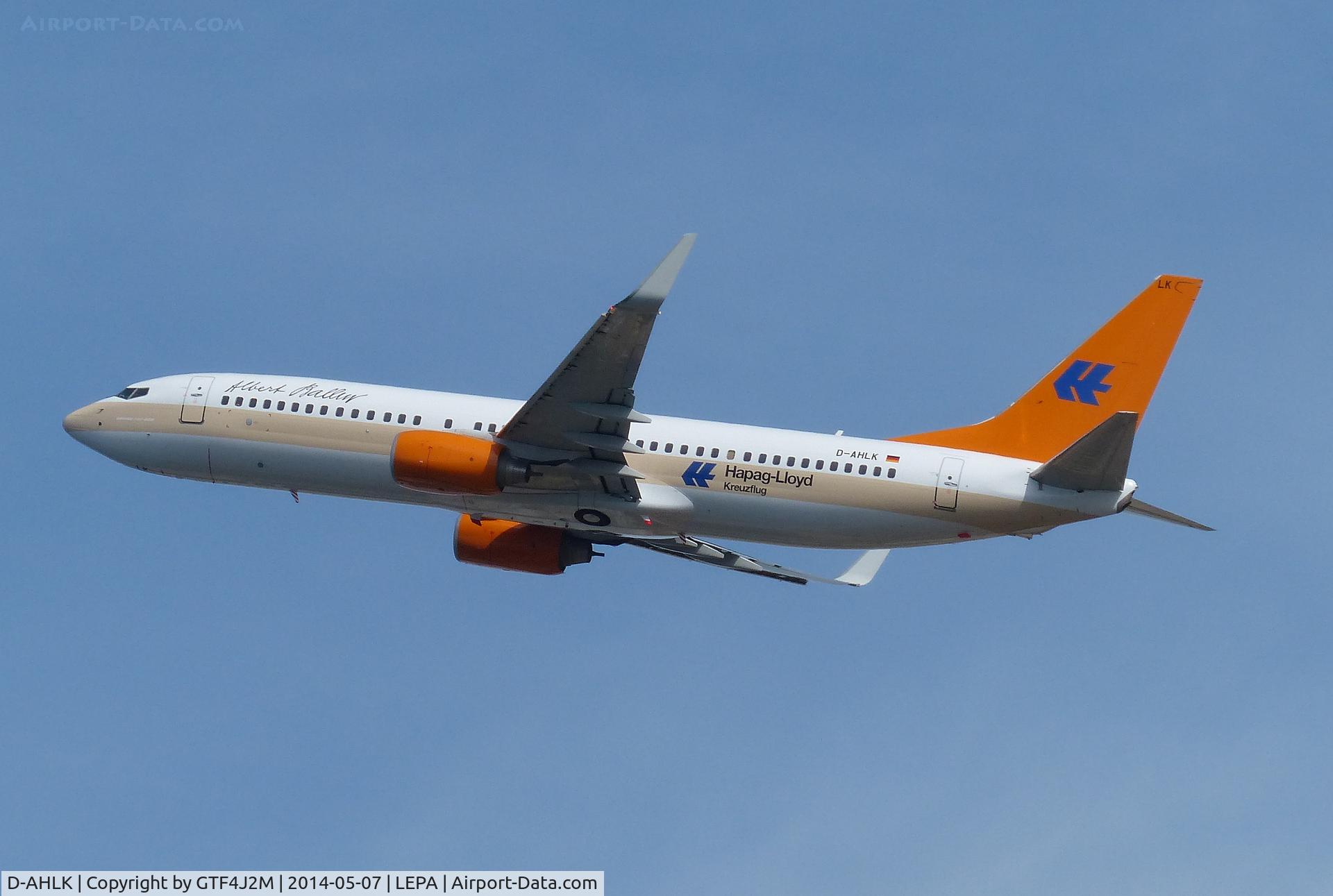 D-AHLK, 2008 Boeing 737-8K5 C/N 35143, D-AHLK departs Palma 7.5.14
