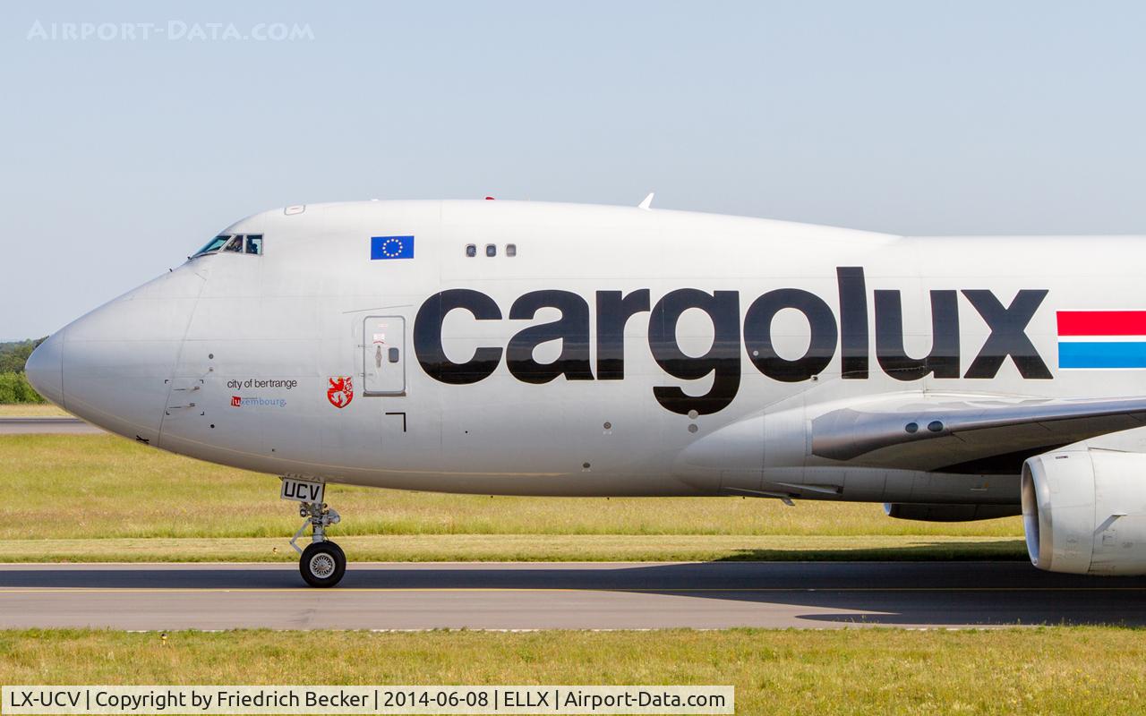 LX-UCV, 2004 Boeing 747-4R7F/SCD C/N 33827, taxying to the cargo center at LUX