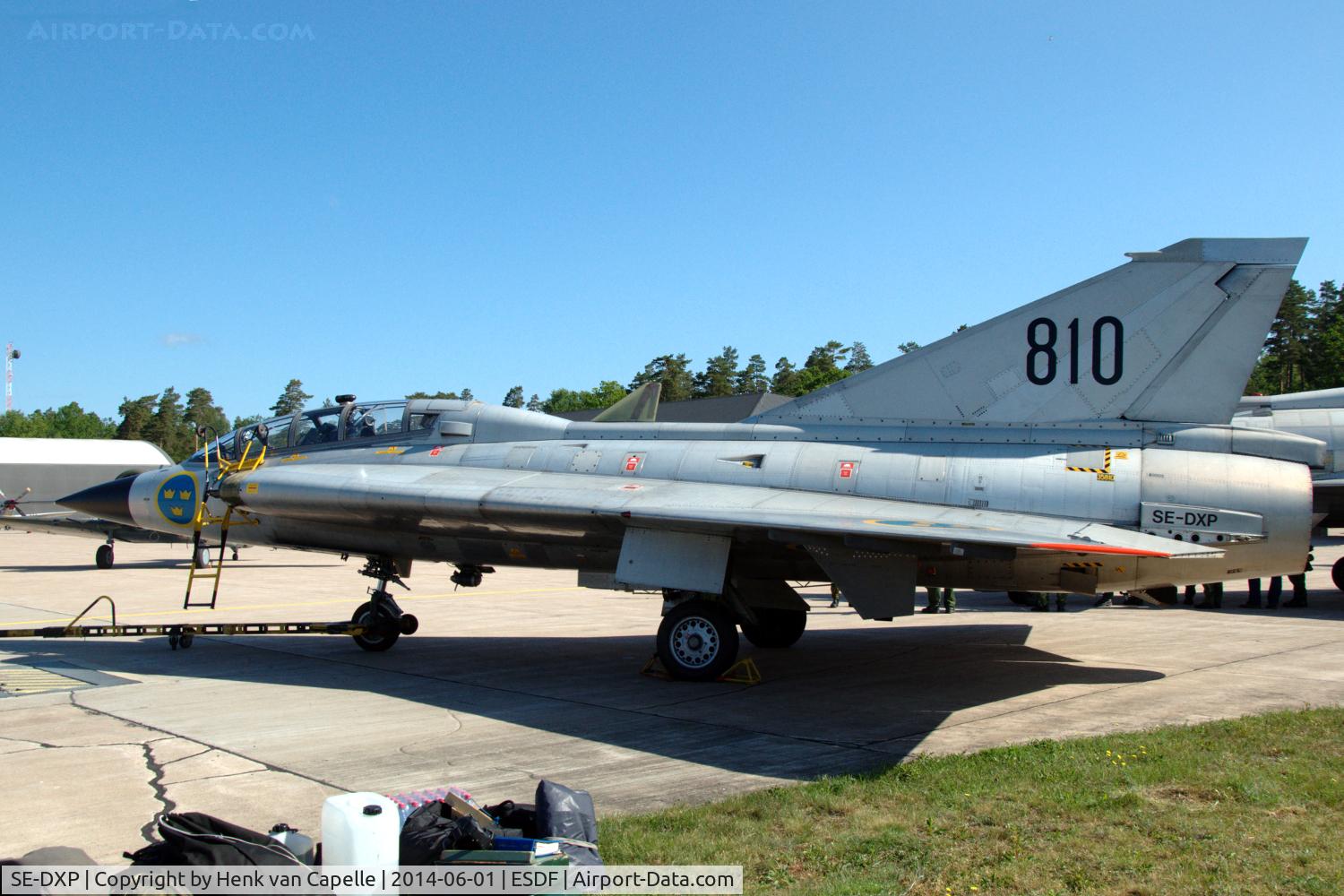 SE-DXP, 1962 Saab Sk35C Draken C/N 35-810, Newly restored Saab Sk35C Draken parked at Ronneby Air Base, Sweden. It is operated by the Swedish Air Force Historic Flight.