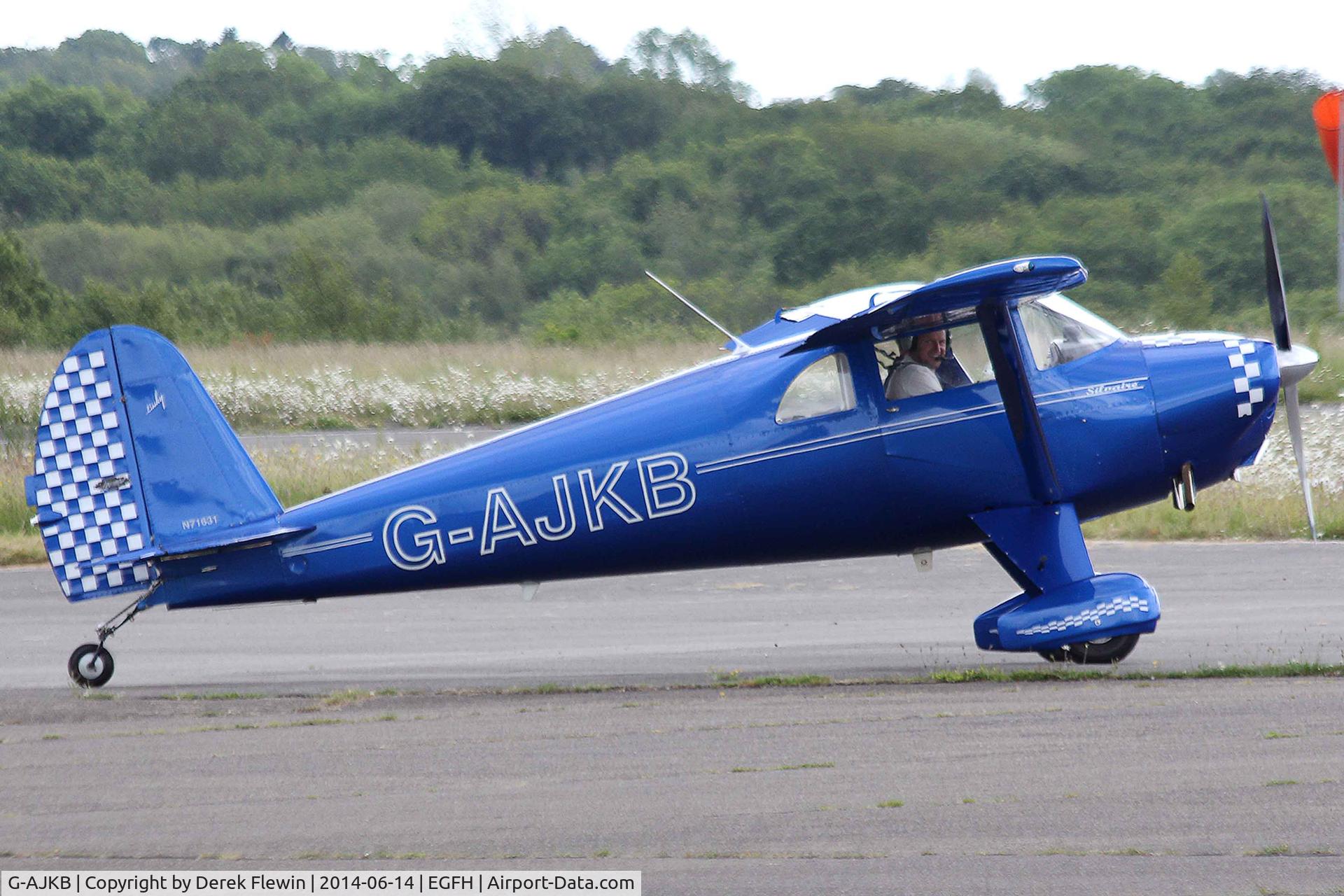 G-AJKB, 1946 Luscombe 8E Silvaire C/N 3058, Visiting Silvaire Deluxe, seen taxxing to runway 04 at EGFH. Previously N71631, which can be seen at the base of the fin.