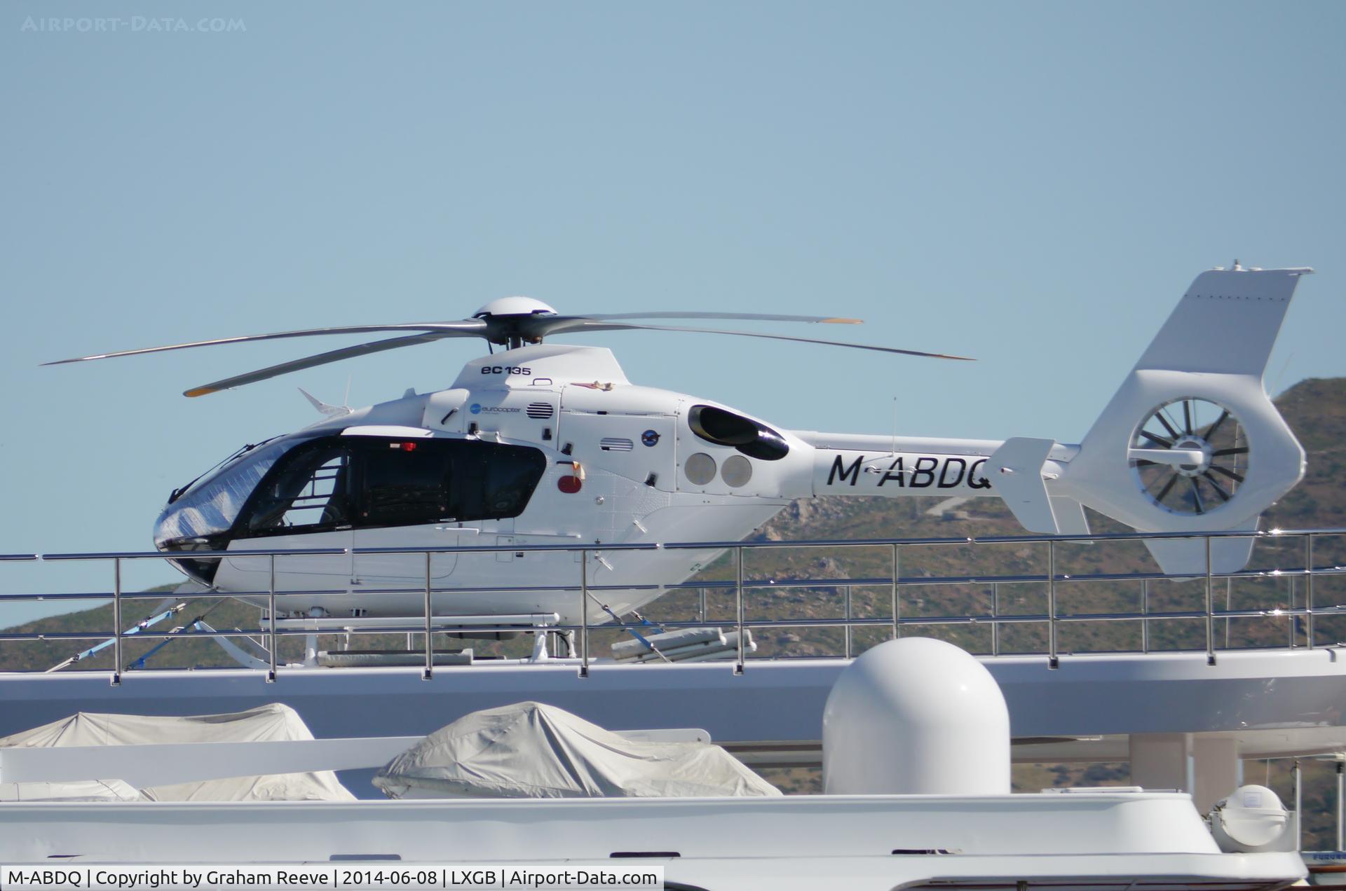 M-ABDQ, Eurocopter EC-135P-2 C/N 989, On board a motor yacht moored next to Gibraltar airport.