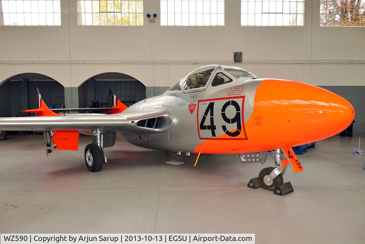 WZ590, 1953 De Havilland DH-115 Vampire T.11 C/N 15165, On display in Hangar 4 at IWM Duxford.