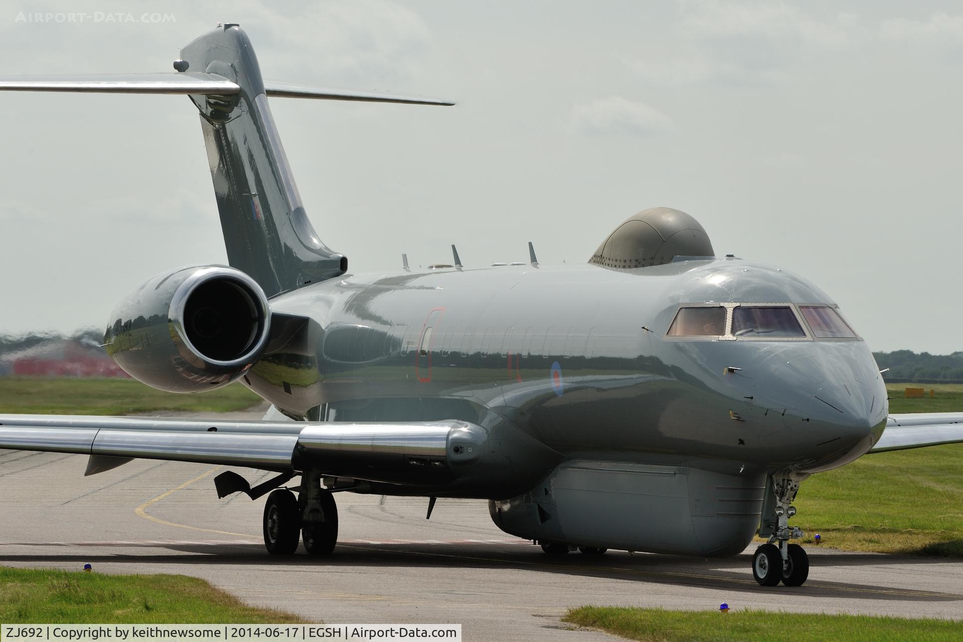 ZJ692, 2008 Bombardier BD-700-1A10 Sentinel R1 C/N 9131, Leaving Norwich following re-spray.