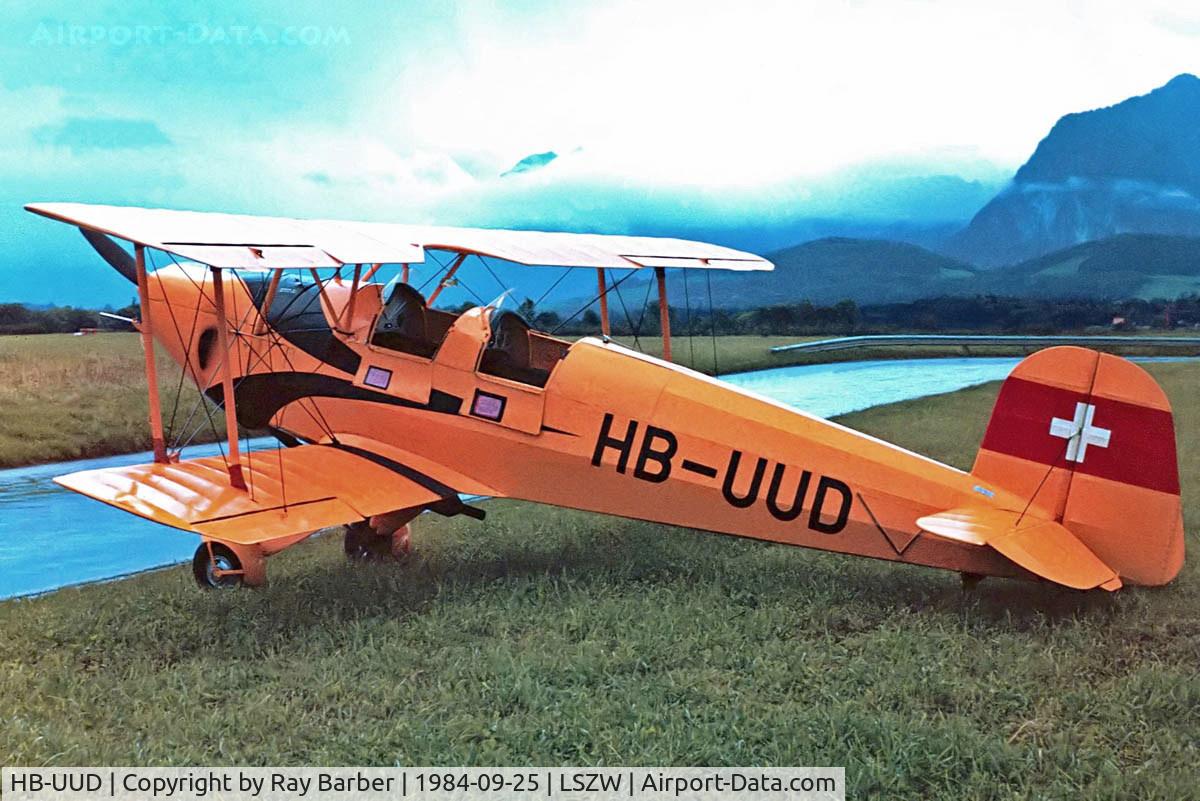 HB-UUD, 1937 Bucker Bu-131APM Jungmann C/N 16, Bucker APM.131-150 Jungmann [16] Thun~HB 25/09/1984. From a slide.