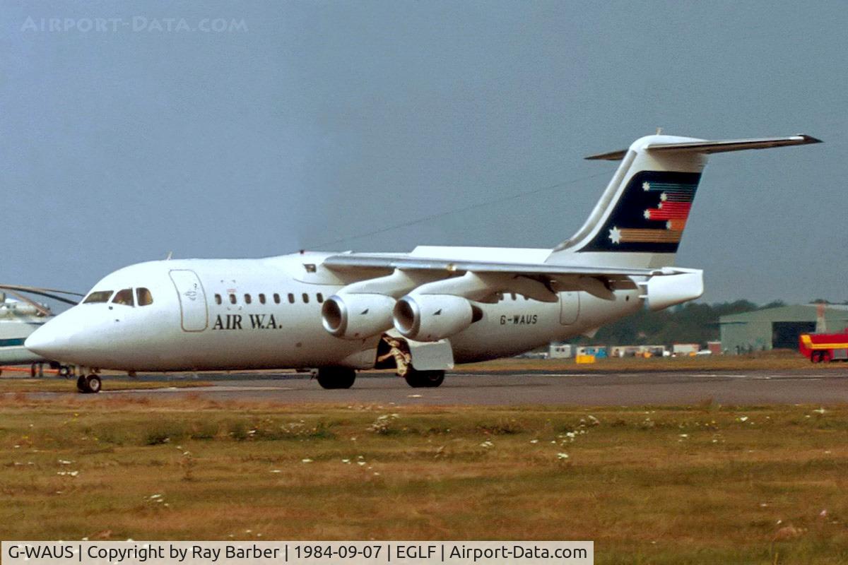 G-WAUS, 1982 British Aerospace BAe.146-200 C/N E2008, BAe 146-200 [E2008] (BAe Systems) Farnborough~G 07/09/1984. From a slide.