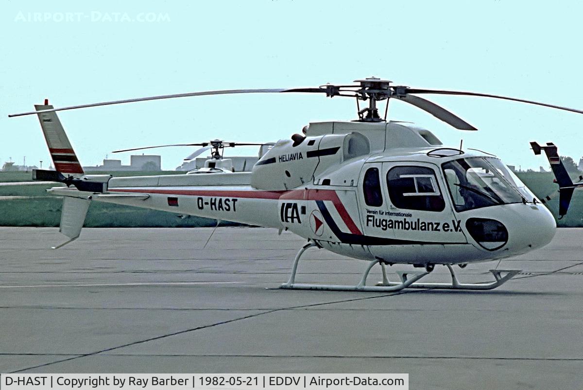 D-HAST, 1981 Aerospatiale AS-355F-1 Ecureuil 2 C/N 5027, D-HAST   Aerospatiale AS.355F1 Ecureuil II [5027] (Heliavia) Hannover~D 21/05/1982. From a slide.