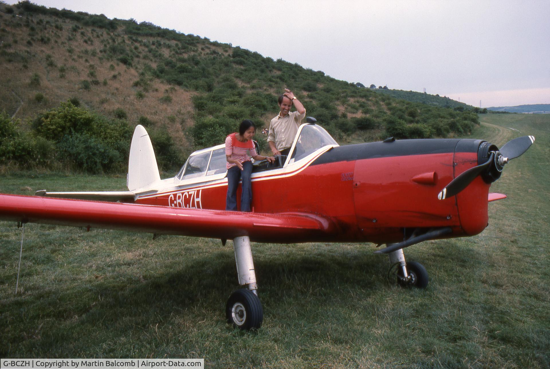G-BCZH, 1952 De Havilland DHC-1 Chipmunk T.10 C/N C1/0635, Taken at Dunstable airfield in July 1975 when the plane was being used as a glider tug.