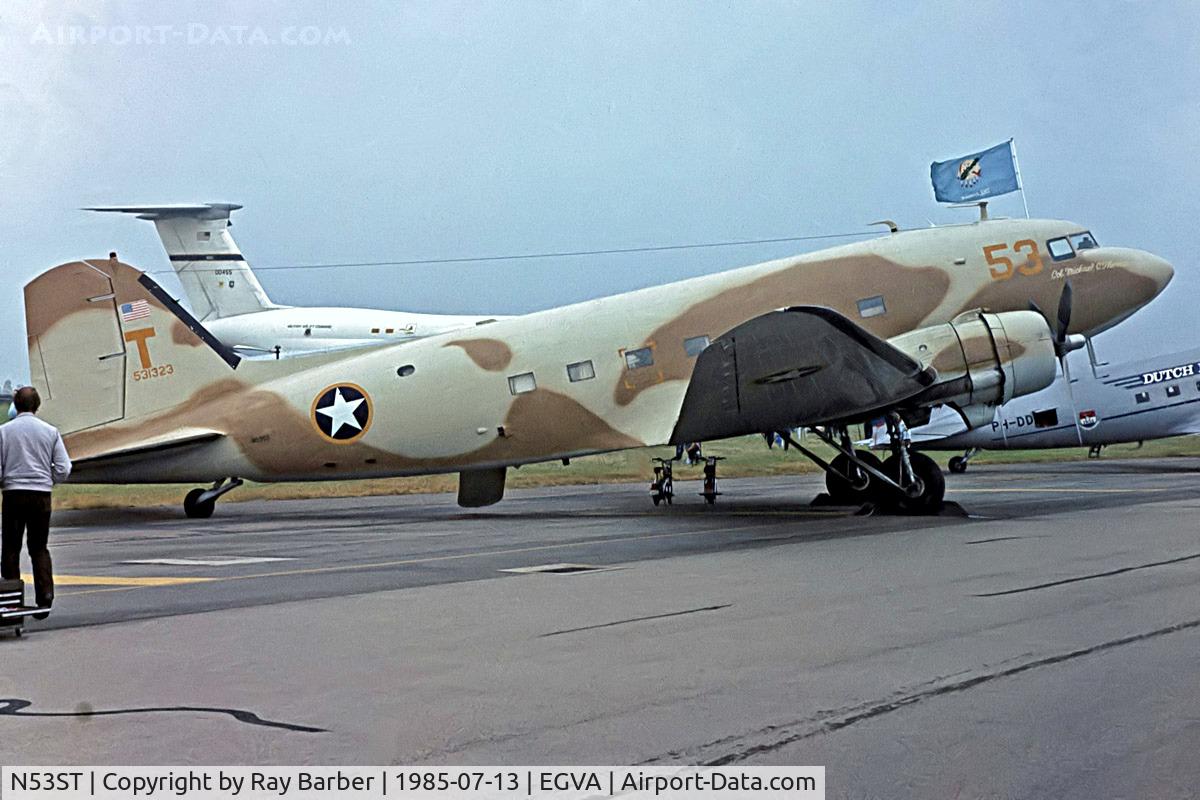 N53ST, 1943 Douglas DC3C (C-47A-20-DL) C/N 9380, Douglas DC-3C-47A-20-DL Skytrain [9380] RAF Fairford~G 13/07/1985. From a slide.