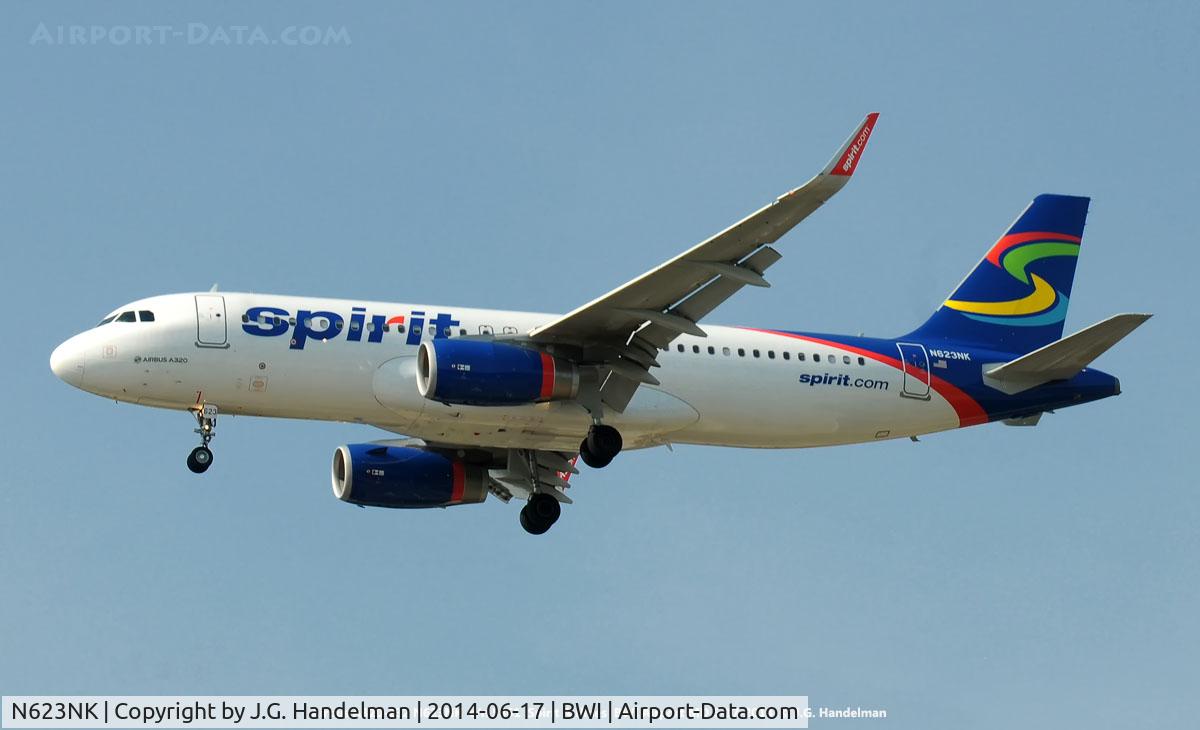 N623NK, 2013 Airbus A320-232 C/N 5861, Spirit on final to 28.