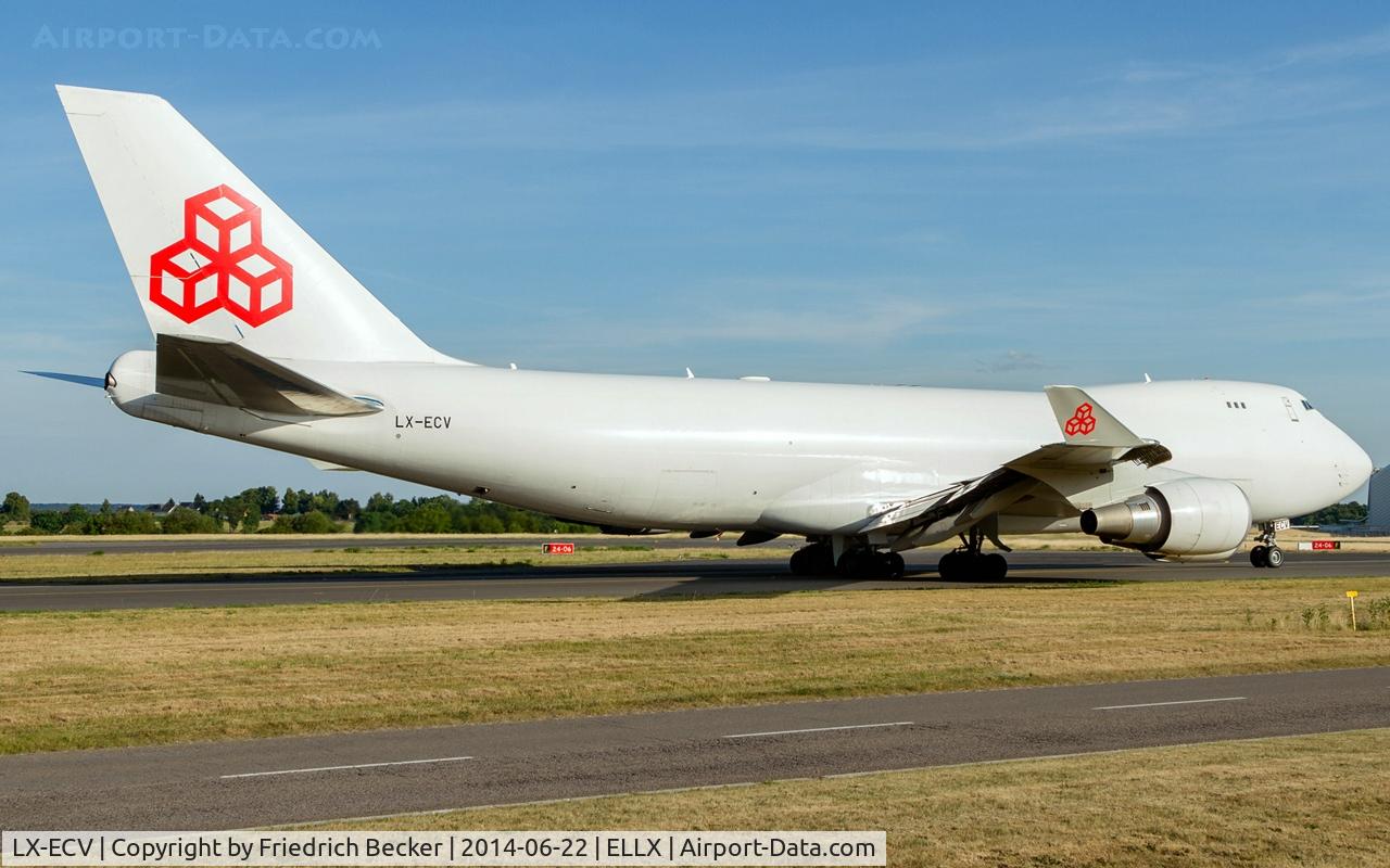 LX-ECV, 2009 Boeing 747-4HQF C/N 37303, taxying to the active, now with Cargolux logo on the tail and winglets