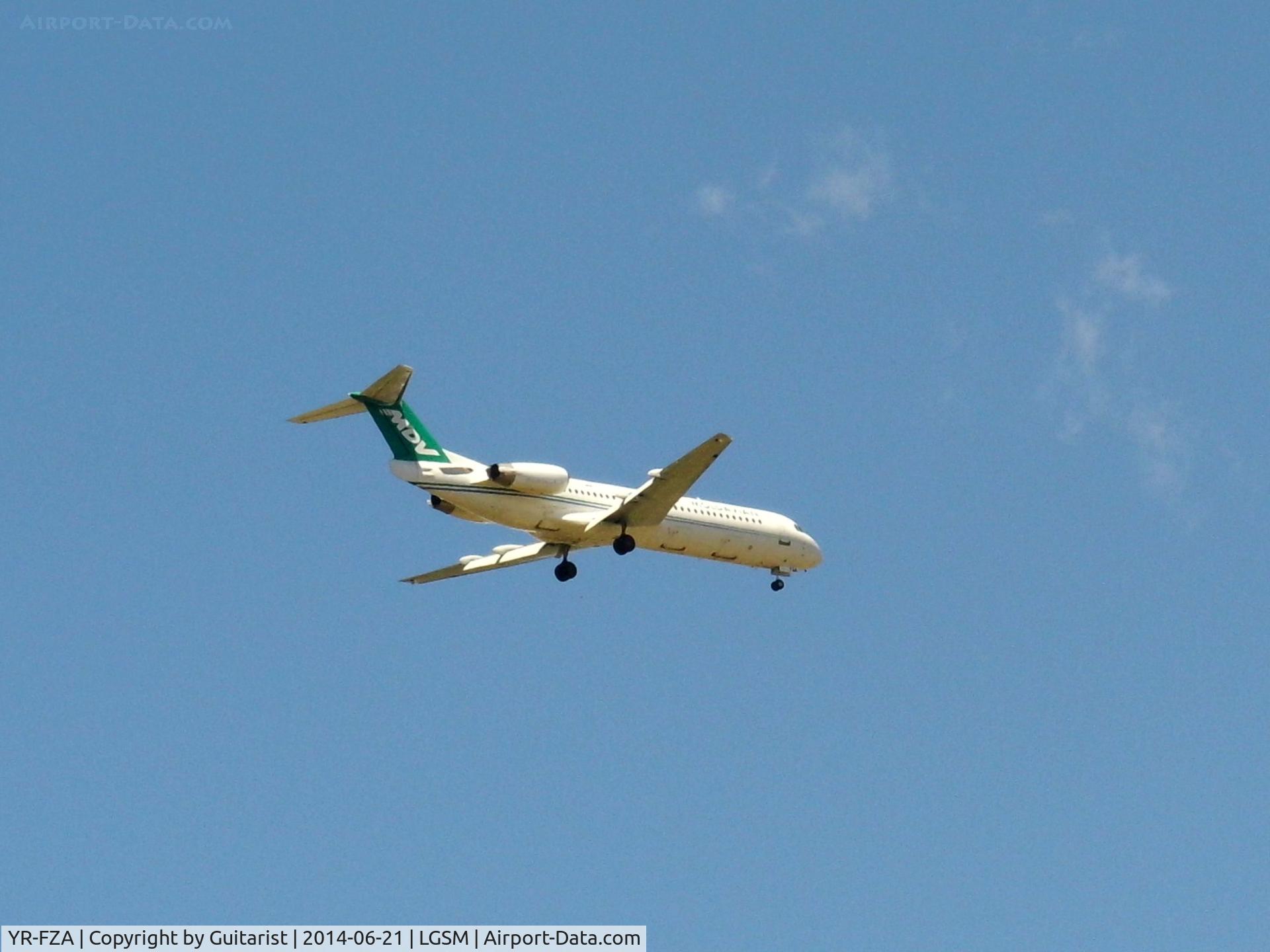 YR-FZA, 1992 Fokker 100 (F-28-0100) C/N 11395, Approaching Samos. Taken from my balcony approx. 2 miles from the end of 09