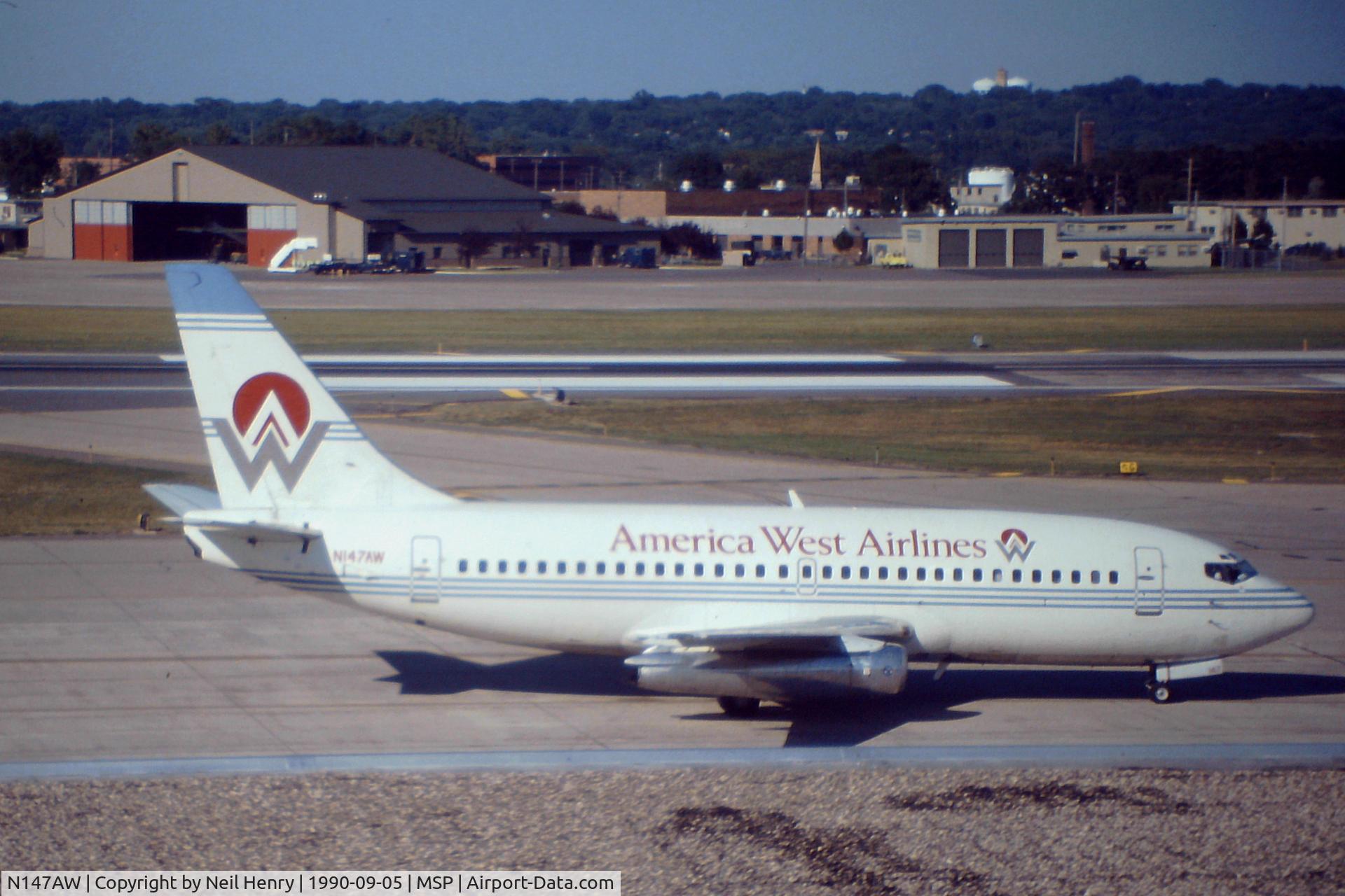 N147AW, 1982 Boeing 737-297 C/N 22630, scanned from original slide - taken Sept 1990 from Domestic Terminal whilst awaiting NorthWest flight to Seattle