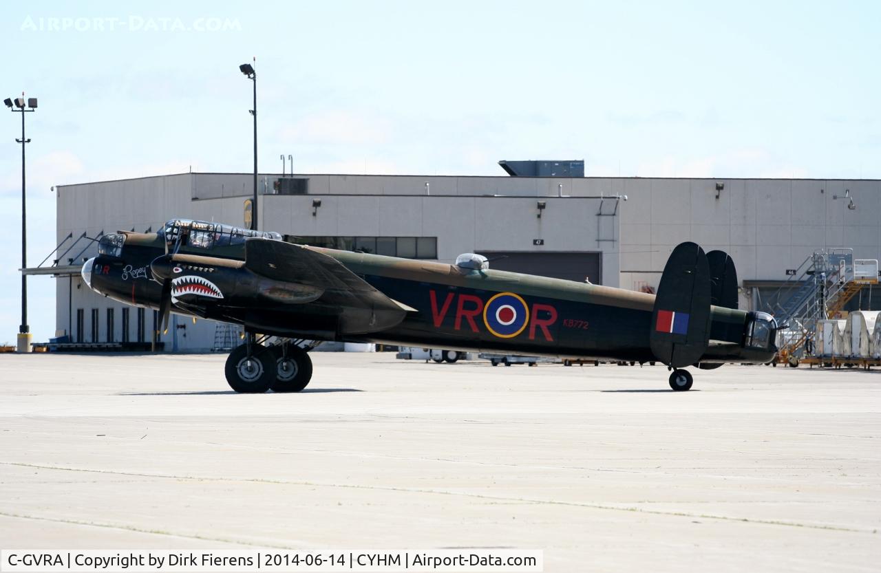 C-GVRA, 1945 Victory Aircraft Avro 683 Lancaster BX C/N FM 213 (3414), Seen here at the Hamilton Sky-Fest, taxing out taking members up for a flight around the surrounding area of Hamilton. Also shown are the new temporary tiger teeth markings on the the engines cowlings of 