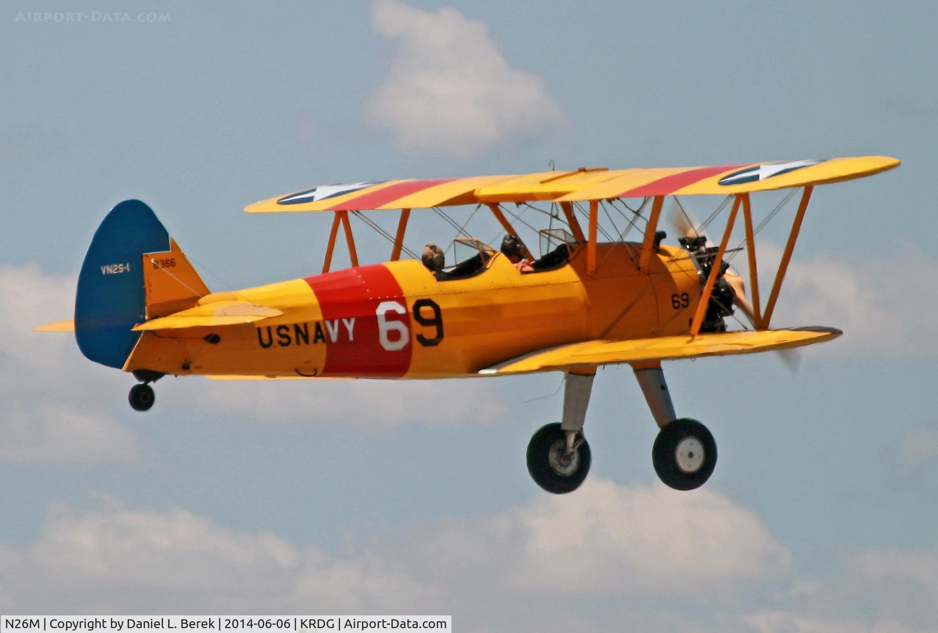 N26M, 1941 Boeing A75N1(PT17) C/N 75-1925, The Mid Atlantic Air Museum's Stearman launches into the summer evening sky with a lucky passenger aloft.