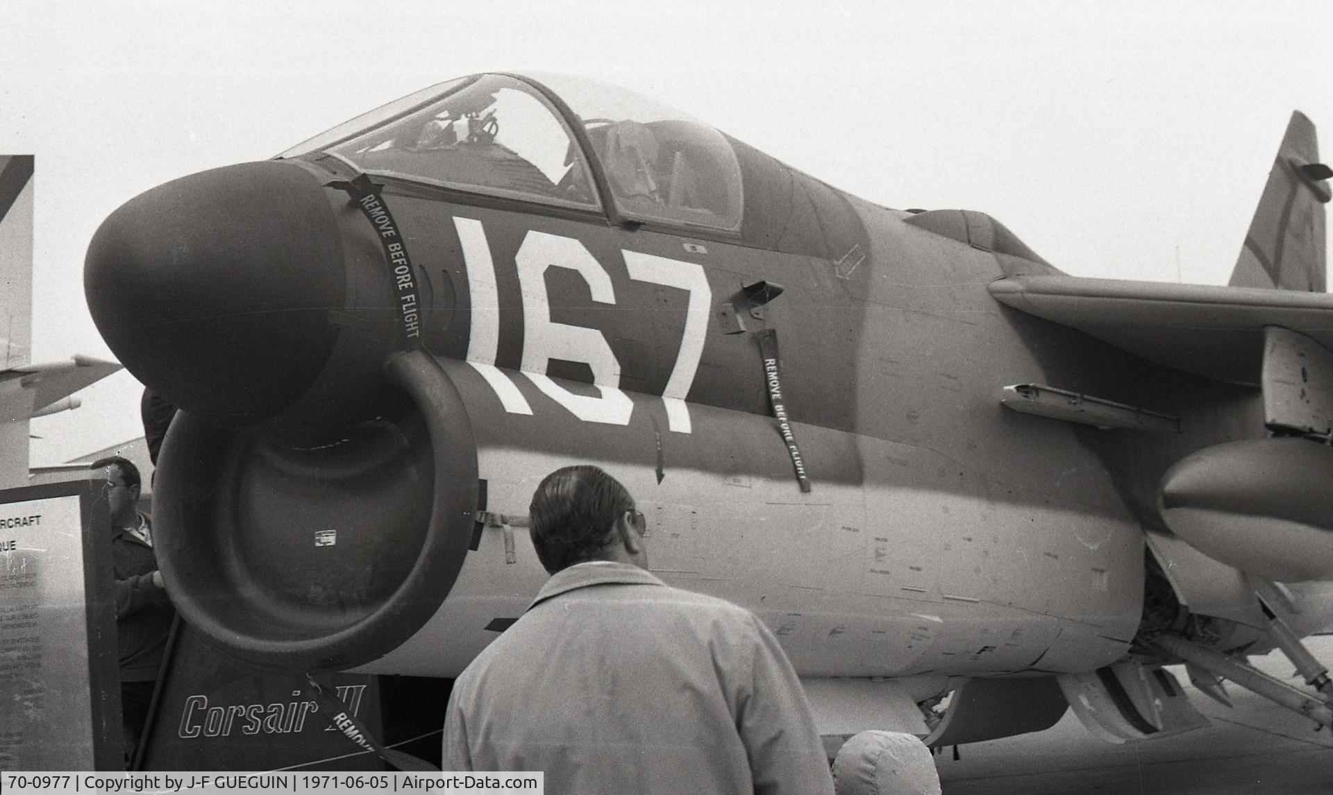 70-0977, 1970 LTV A-7D Corsair II C/N D-123, On display at 1971 Paris-Le Bourget airshow.