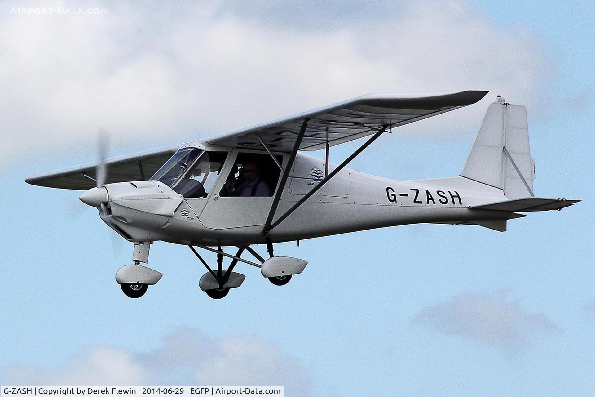 G-ZASH, 2013 Comco Ikarus C42 FB80 C/N 1304-7257, EGFH resident Ikarus, low fly by, runway 22 at EGFP.