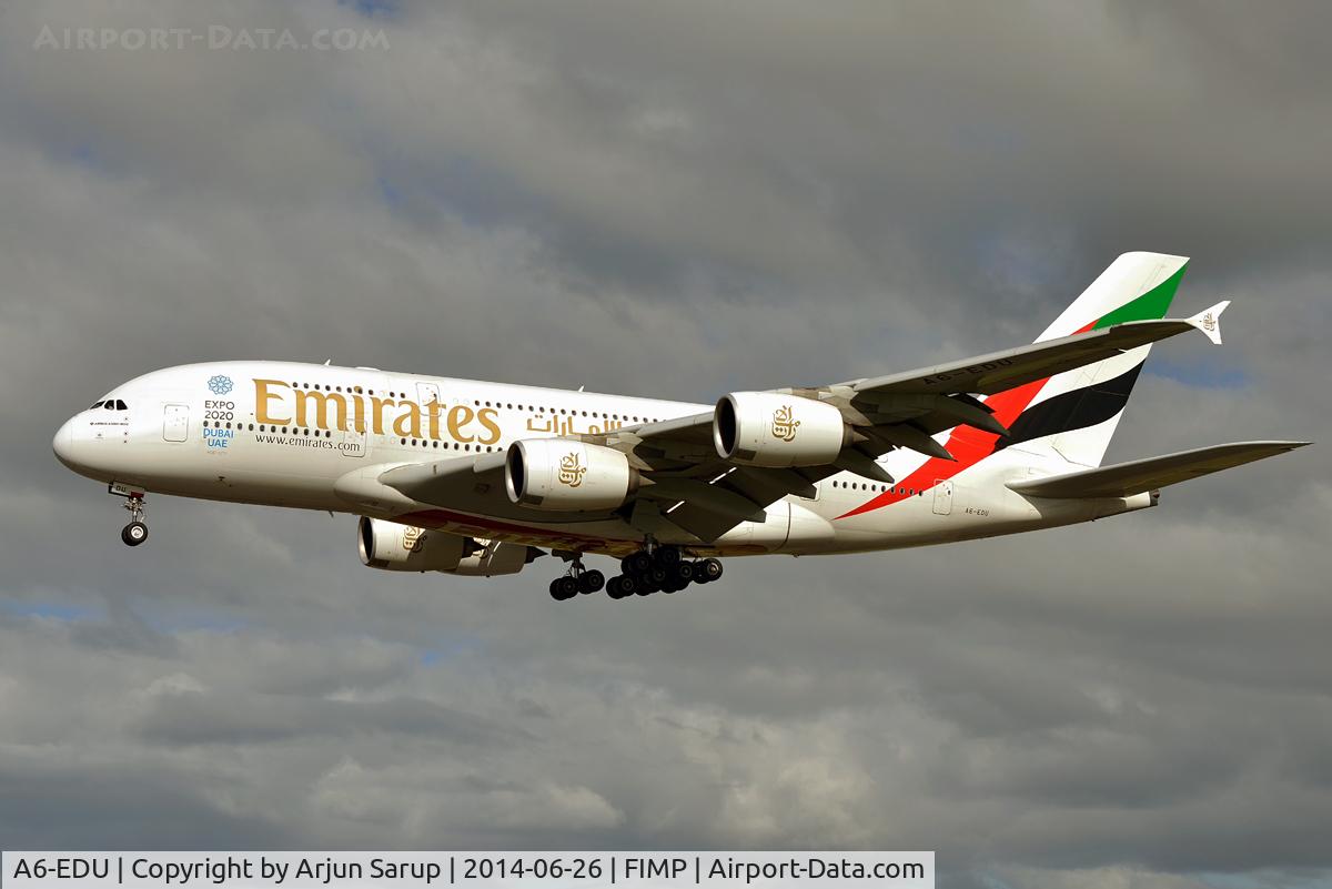 A6-EDU, 2011 Airbus A380-861 C/N 098, Daily A380 service from Dubai approaching rwy 14 at Plaisance on a winter's day.