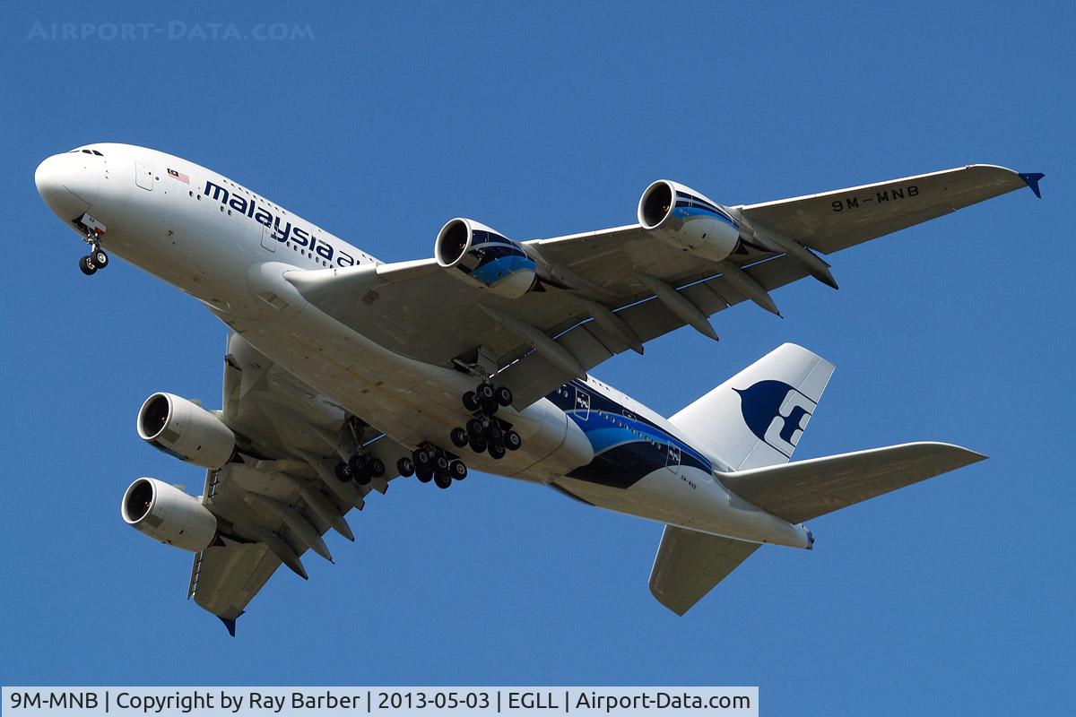 9M-MNB, 2012 Airbus A380-841 C/N 081, Airbus A380-841 [081] (Malaysia Airlines) Home~G 03/05/2013. On approach 27R.