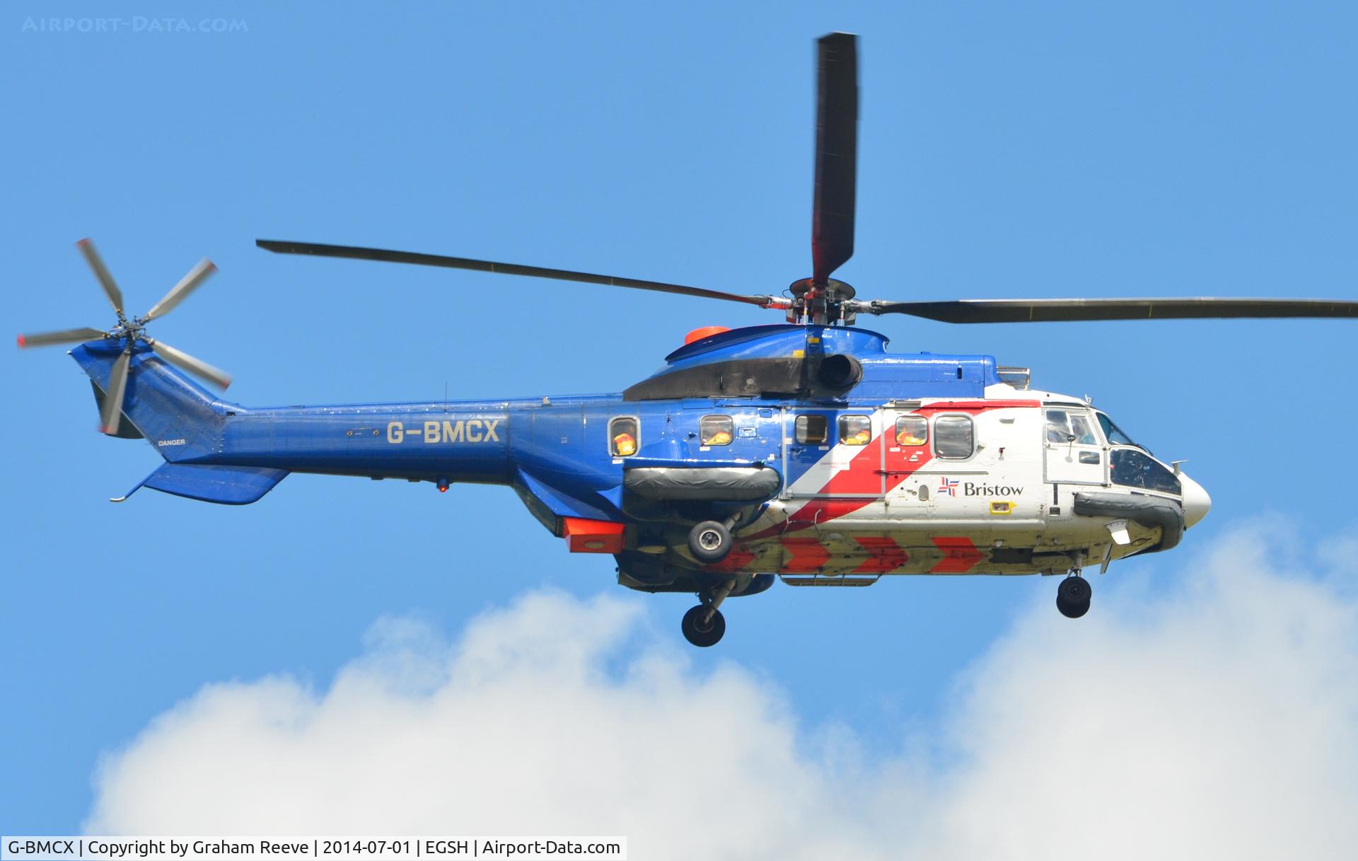 G-BMCX, 1985 Aerospatiale AS-332L Super Puma C/N 2164, About to land at Norwich.