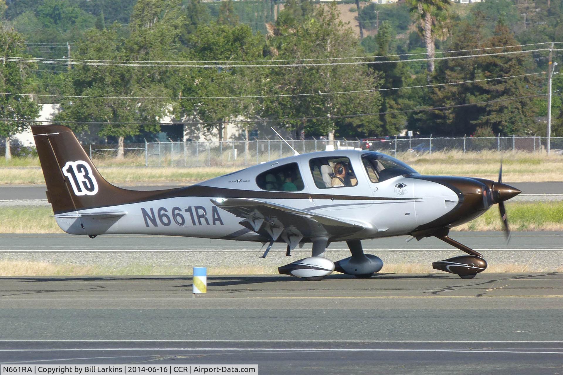 N661RA, 2014 Cirrus SR22 C/N 4062, Winner of the 2014 Air Race Classic leaving for the start at Buchanan Field on June 16, 2014. All women pilots flying from Concord, CA to New Cumberland, PA, in 47 aircraft.