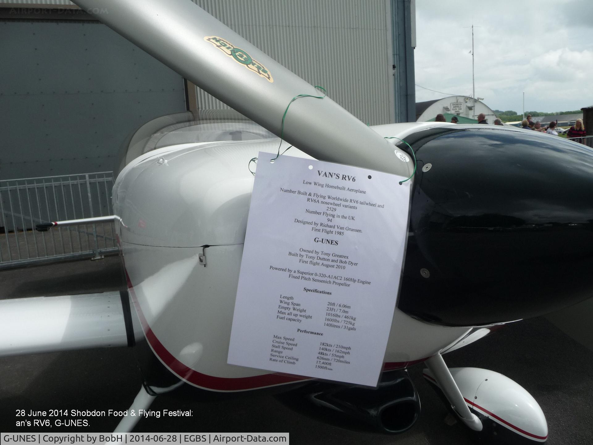 G-UNES, 2010 Vans RV-6 C/N PFA 181A-13222, Details of G-UNES displayed at Shobdon 28/6/2014.