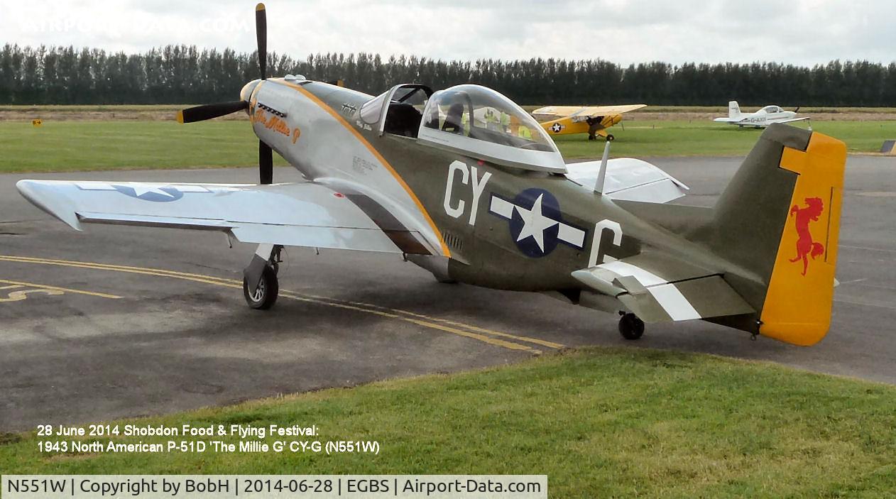 N551W, 1943 North American P-51D Mustang C/N 109-28618, Mustang P51D, 'The Millie G' (N551W) at the Shobdon Food and Flying Festival on 28th June 2014.