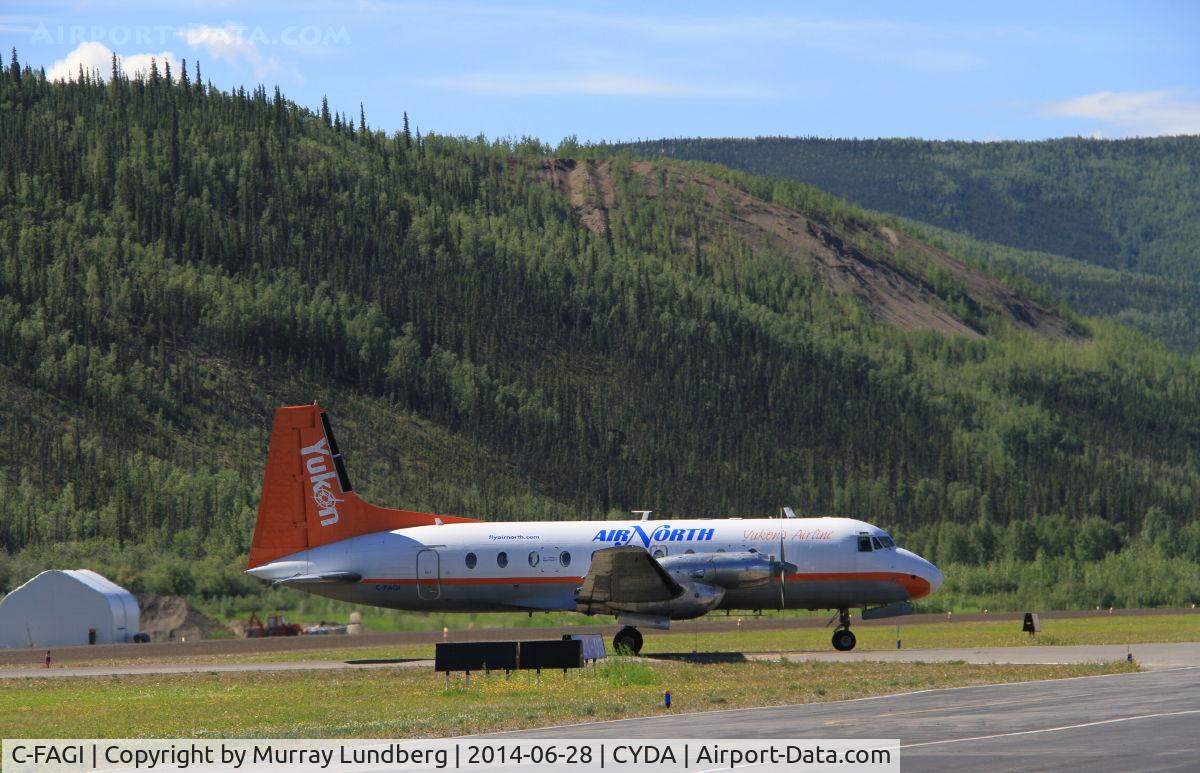 C-FAGI, 1971 Hawker Siddeley HS.748 Series 2A C/N 1699, Taxiing to the terminal at Dawson City, Yukon.