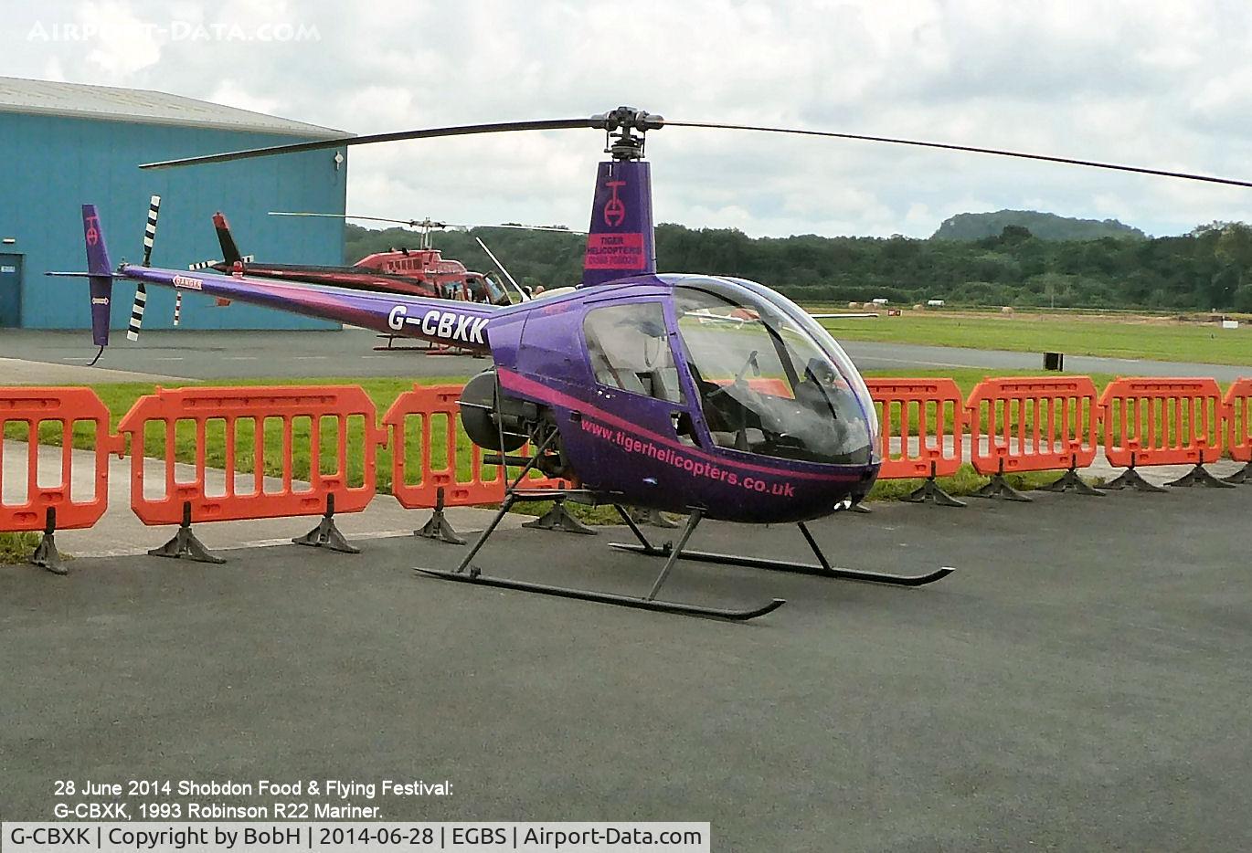 G-CBXK, 1993 Robinson R22 Mariner C/N 2302M, G-CBXK of Tiger Helicopters at its base at Shobdon taken at the Shobdon Food & Flying Festival 28/6/2014