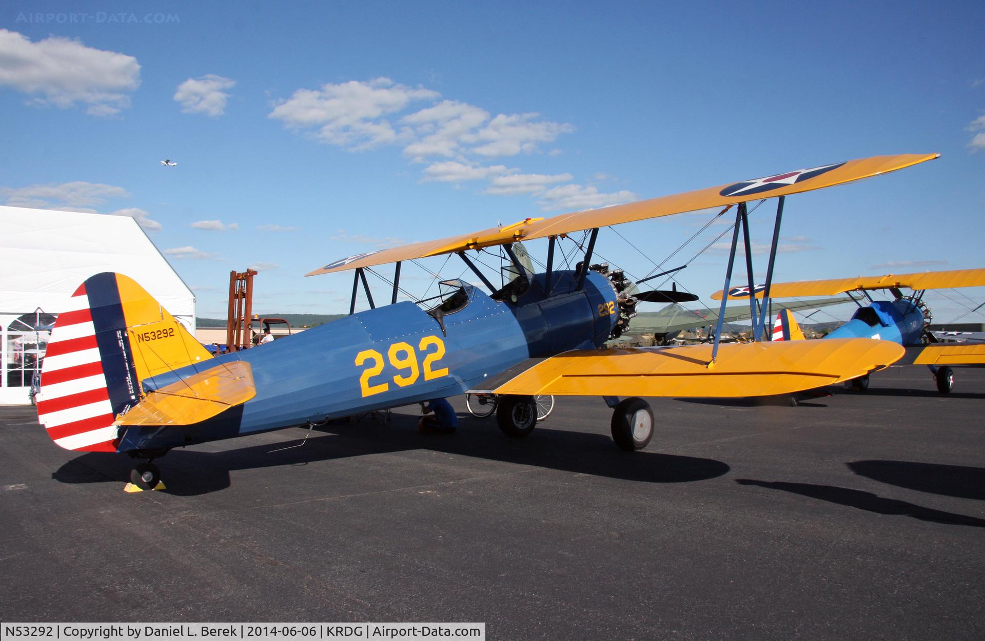 N53292, 1942 Boeing D75N1 C/N 75-3856, A beautiful Stearman sits on the ramp at RDG during the World War II Weekend.