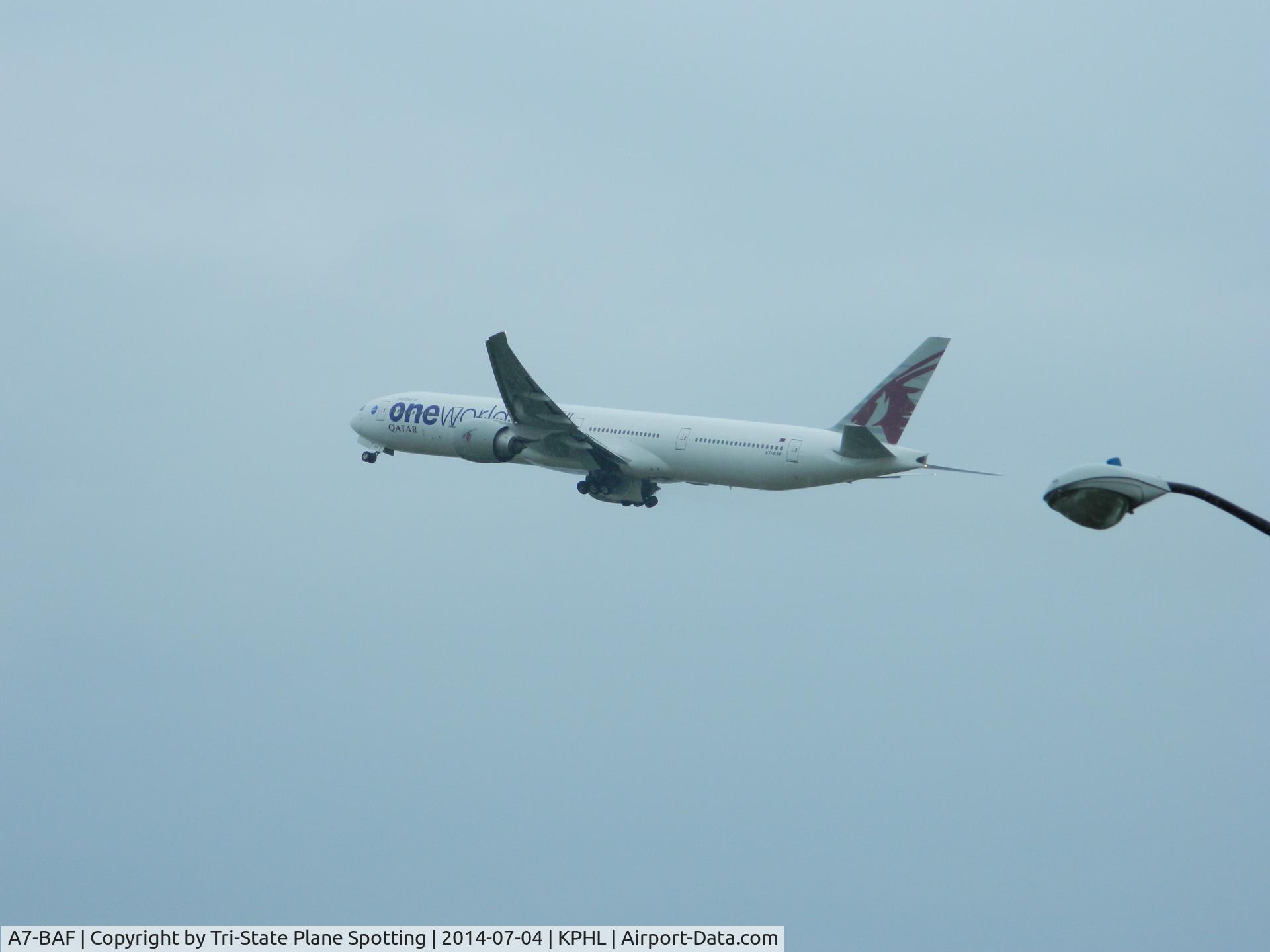 A7-BAF, 2009 Boeing 777-3DZ/ER C/N 37661, Taking off on a rainy day at KPHL