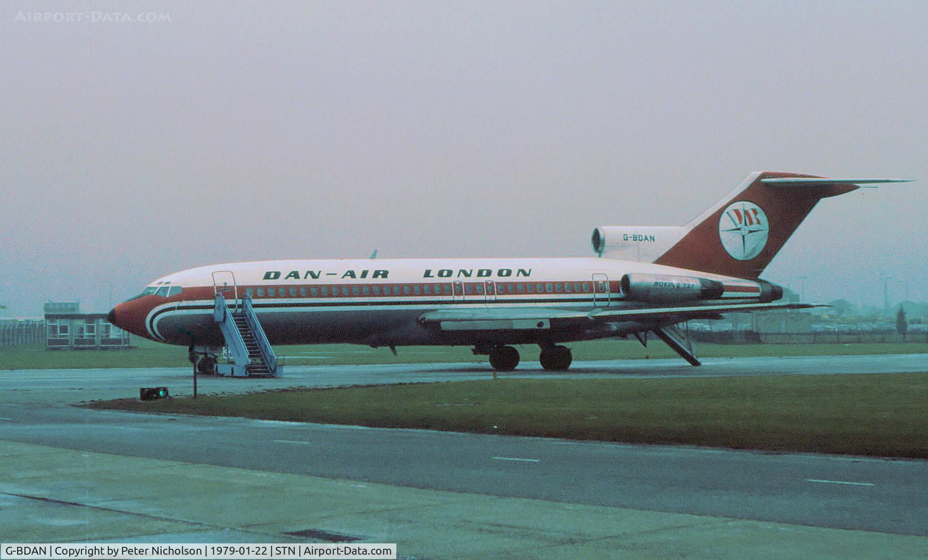 G-BDAN, 1966 Boeing 727-46 C/N 19279, Boeing 727-46 of Dan-Air as seen at Stansted in January 1979.