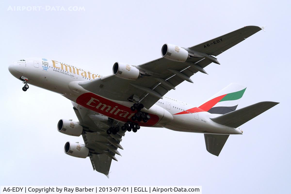 A6-EDY, 2012 Airbus A380-861 C/N 106, Airbus 380-861 [106] (Emirates Airlines) Home~G 01/07/2013. On approach 27R.