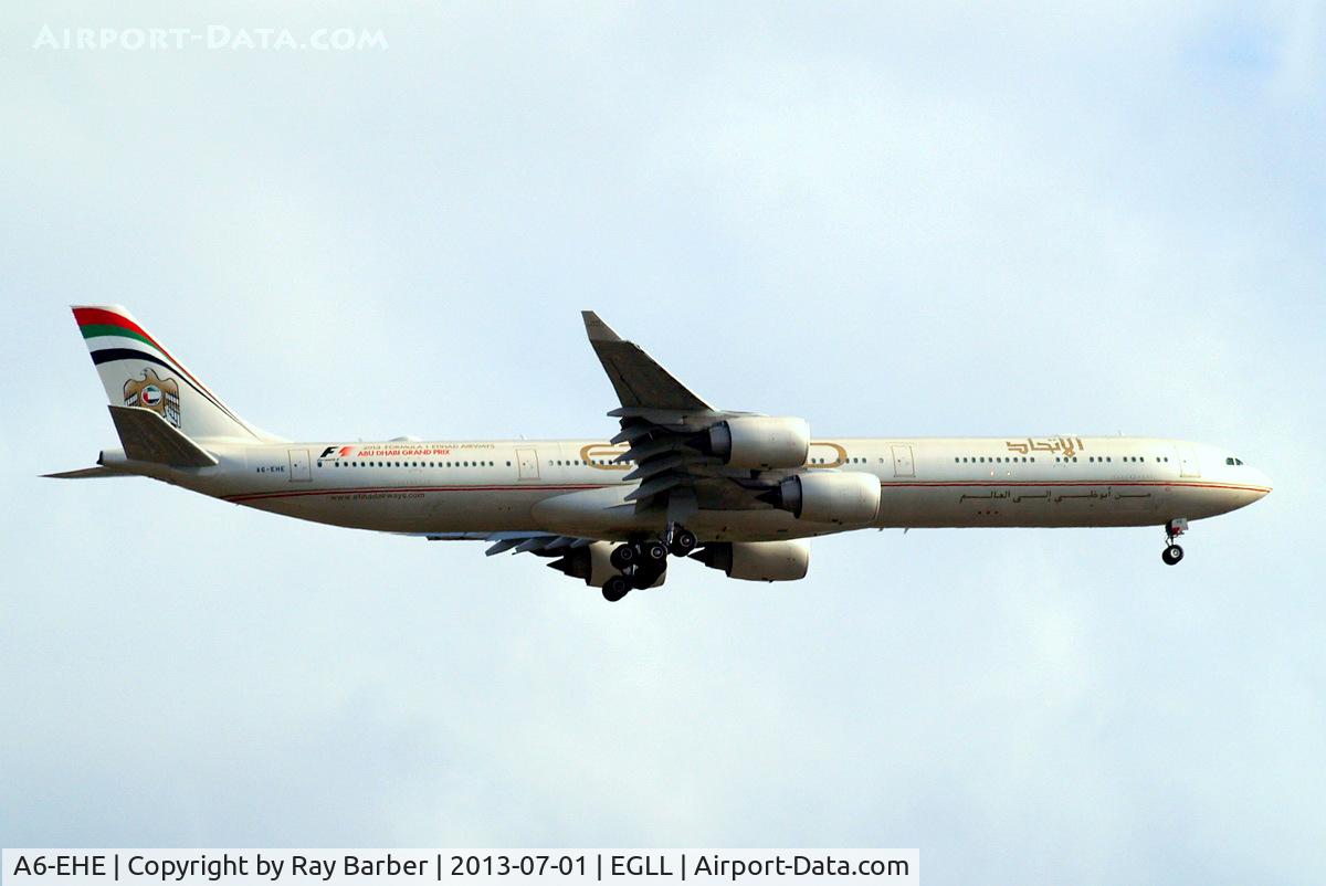 A6-EHE, 2007 Airbus A340-642X C/N 829, Airbus A340-642X [829] (Etihad Airways) Home~G 01/07/2013. On approach 27L.