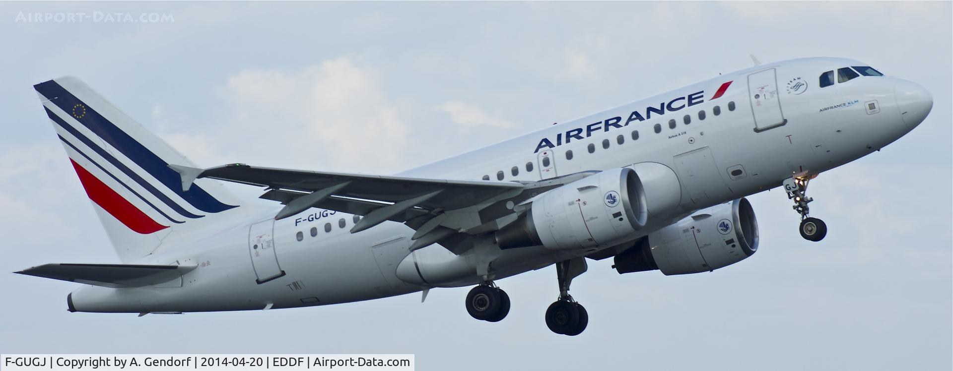 F-GUGJ, 2005 Airbus A318-111 C/N 2582, Air France, is taking off RWY 18 at Frankfurt Rhein/Main Int'l(EDDF) after a short take off roll