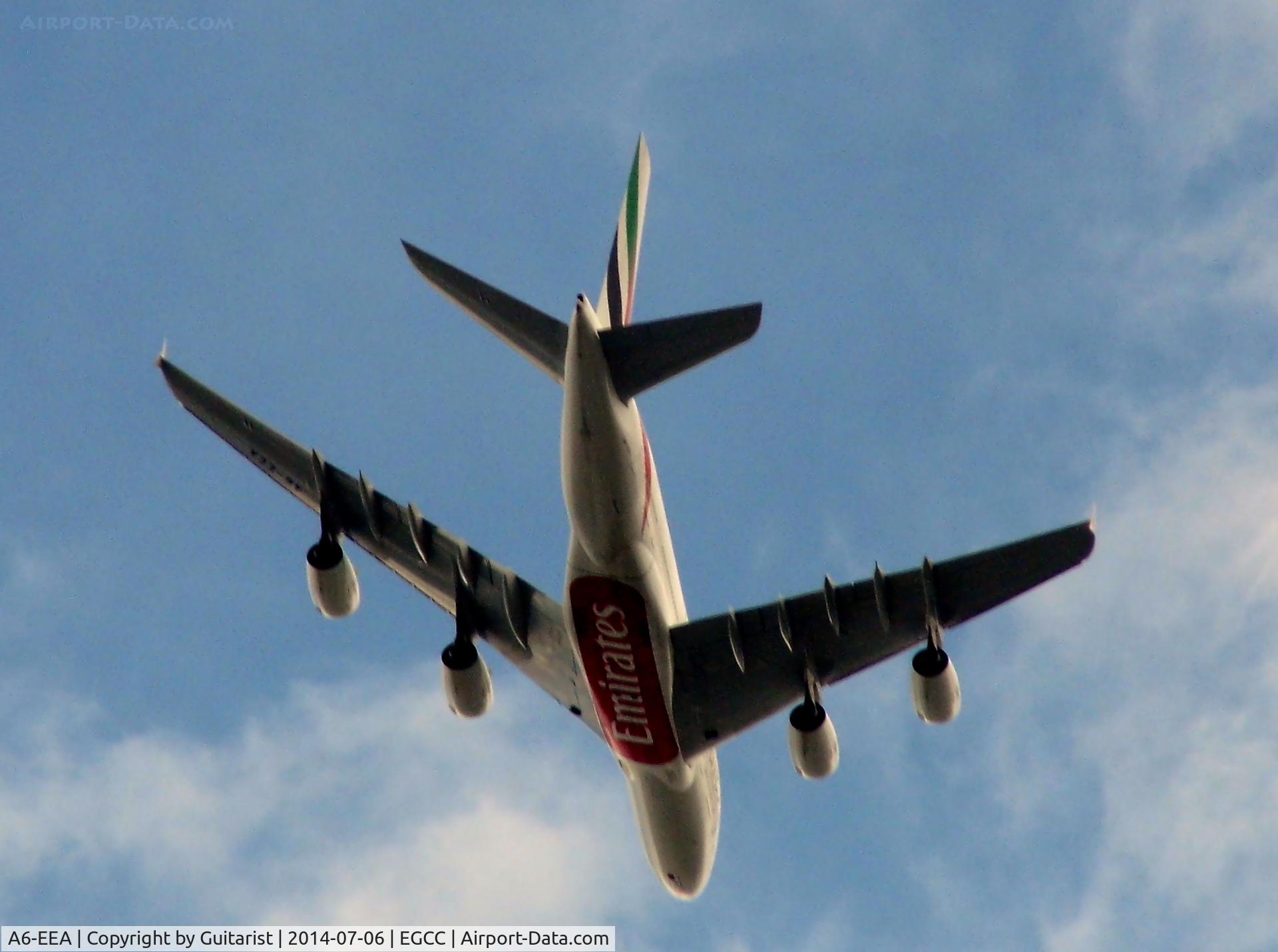 A6-EEA, 2012 Airbus A380-861 C/N 108, Departing Manchester. From my back garden