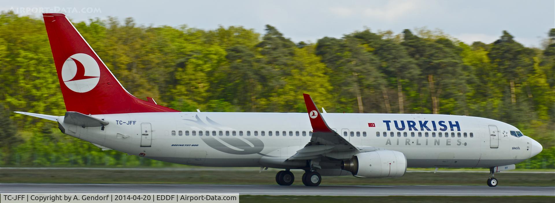 TC-JFF, 1998 Boeing 737-8F2 C/N 29768, Turkish Airlines, is here speeding up on Runway18 at Frankfurt Rhein/Main Int'l(EDDF)